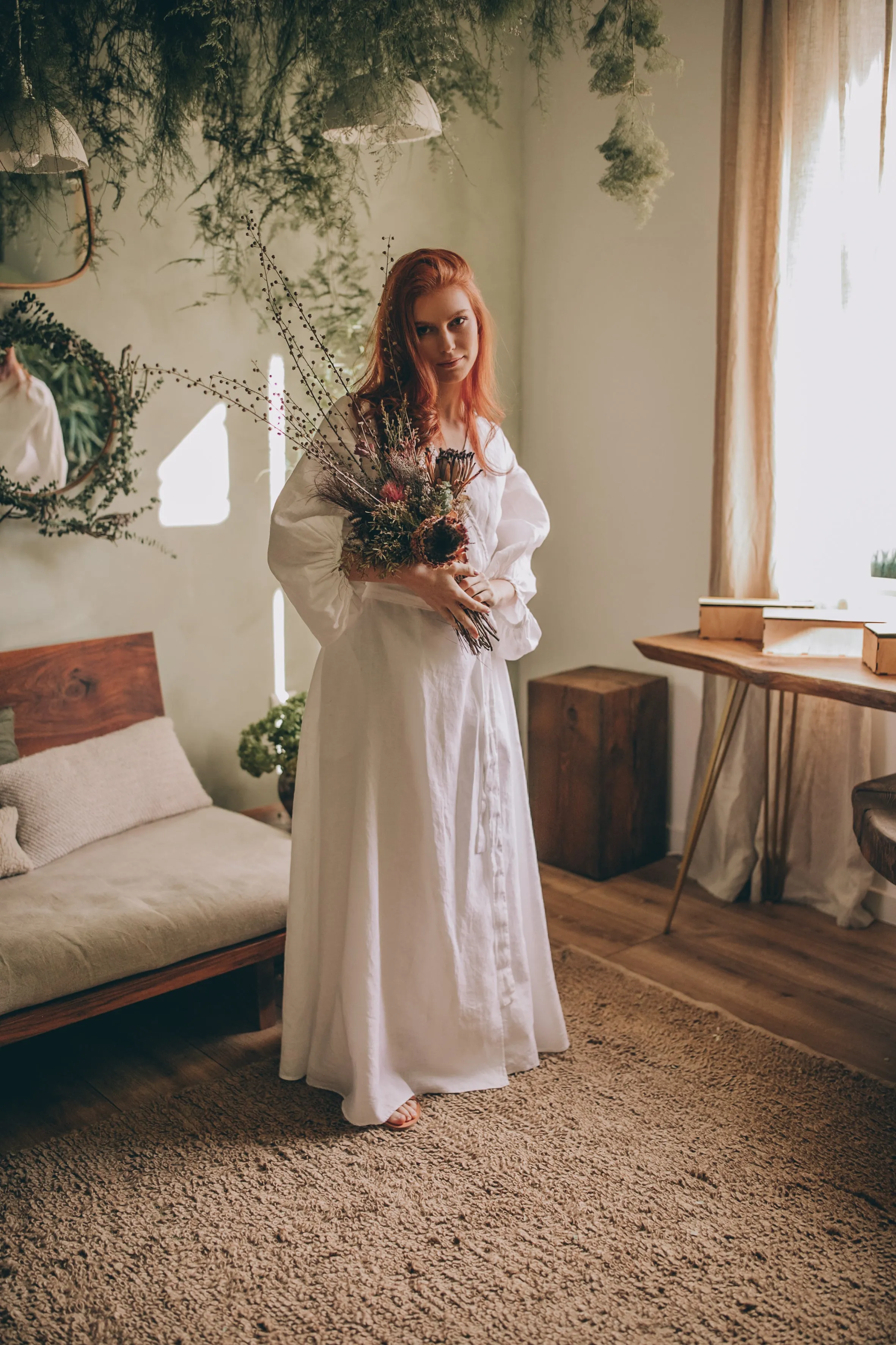 Linen Maxi Dress with Puff Sleeves