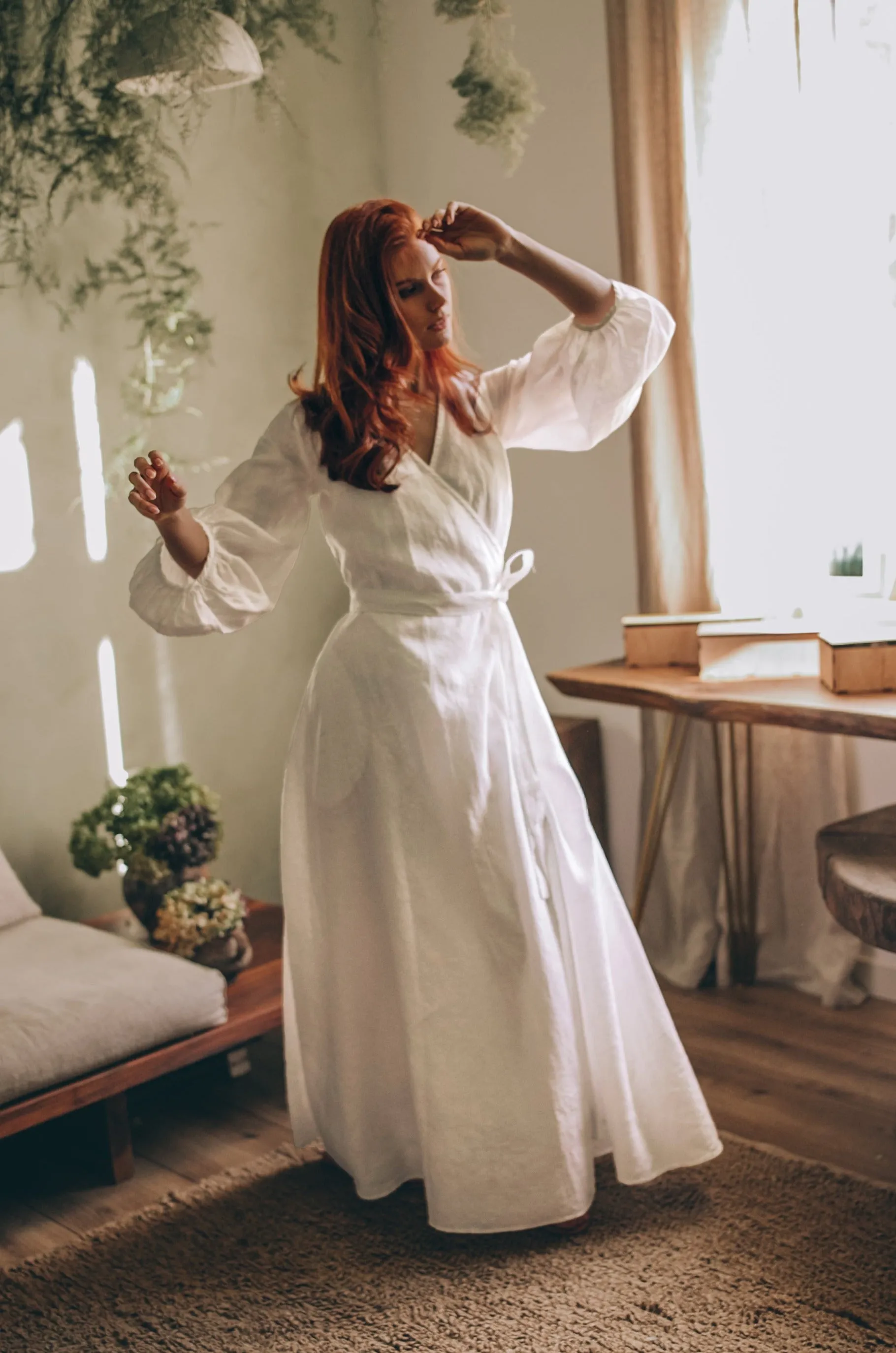 Linen Maxi Dress with Puff Sleeves
