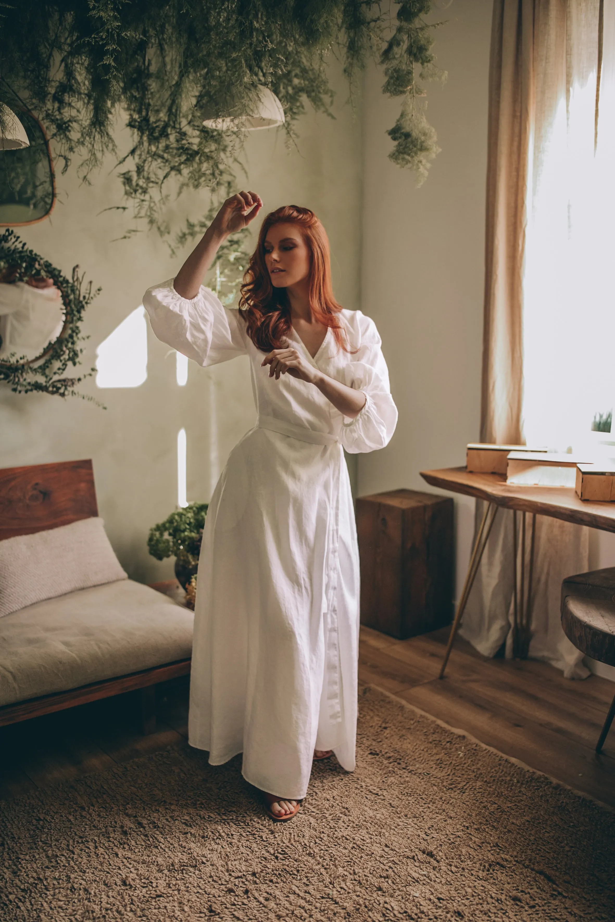 Linen Maxi Dress with Puff Sleeves