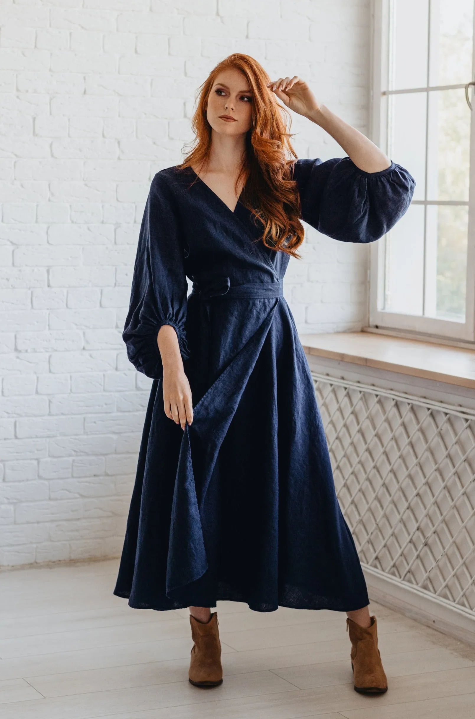 Linen Wrap Dress with Puff Sleeve