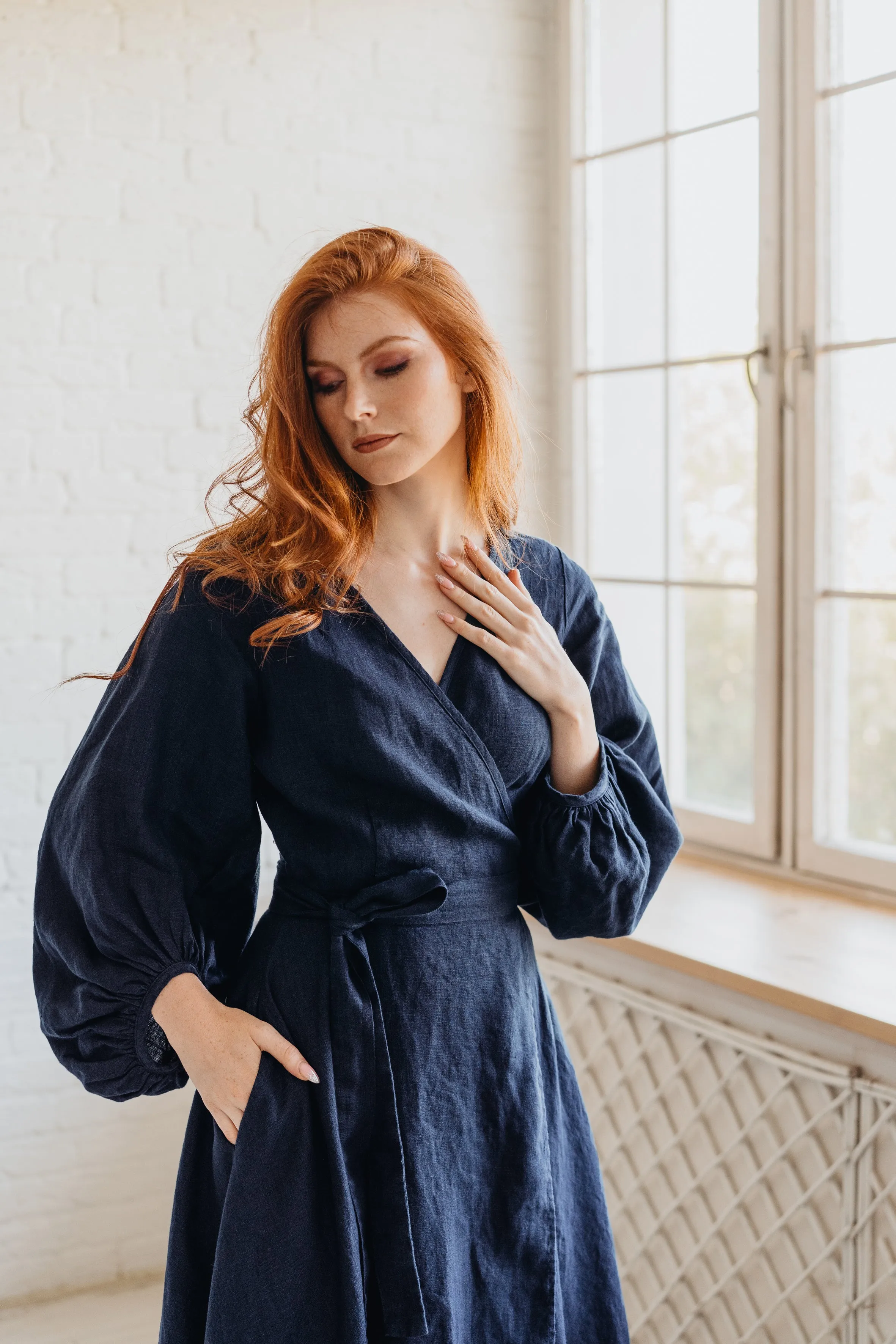 Linen Wrap Dress with Puff Sleeve