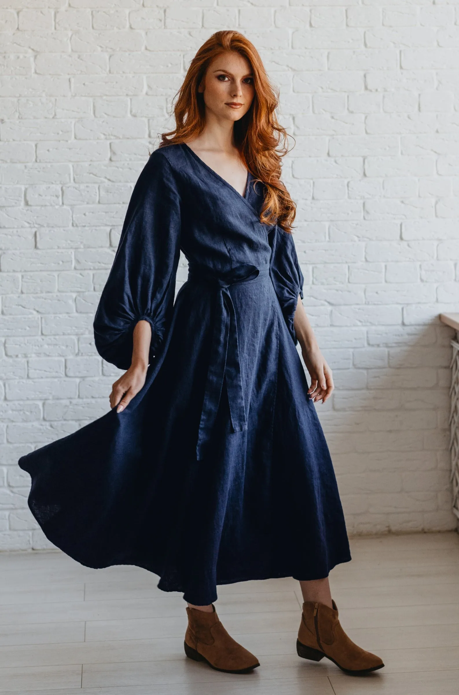 Linen Wrap Dress with Puff Sleeve