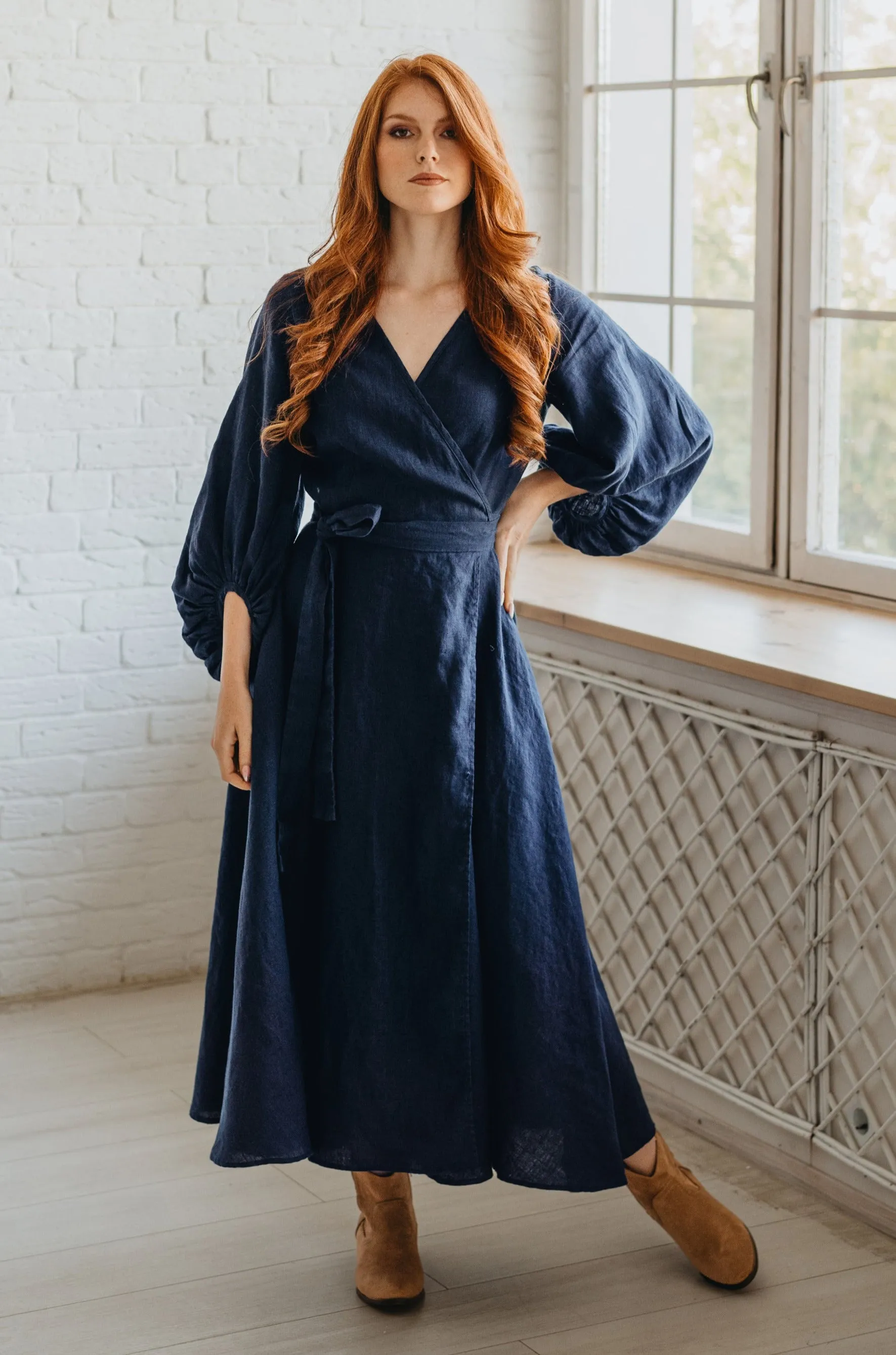 Linen Wrap Dress with Puff Sleeve