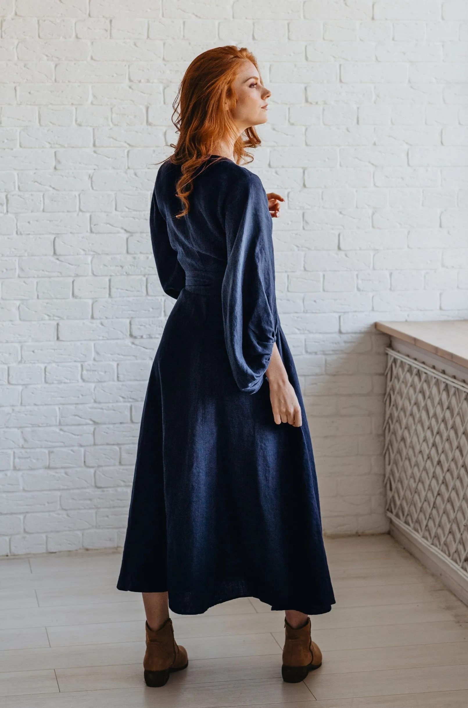 Linen Wrap Dress with Puff Sleeve