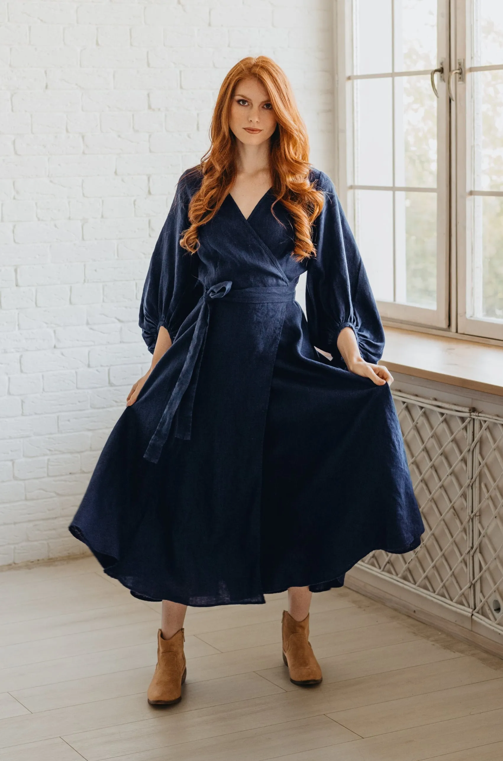 Linen Wrap Dress with Puff Sleeve