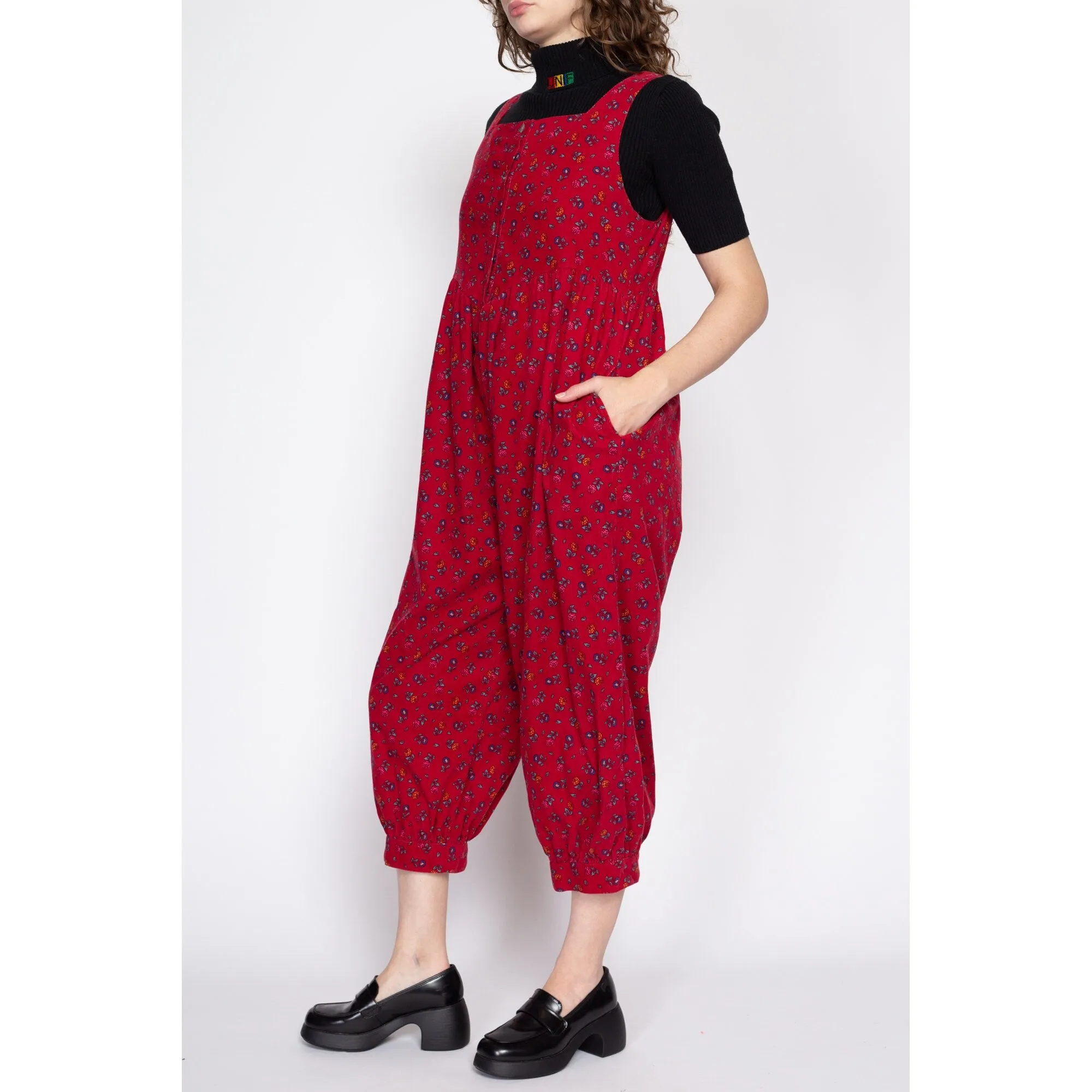 Medium 80s Laura Ashley Red Floral Corduroy Jumpsuit