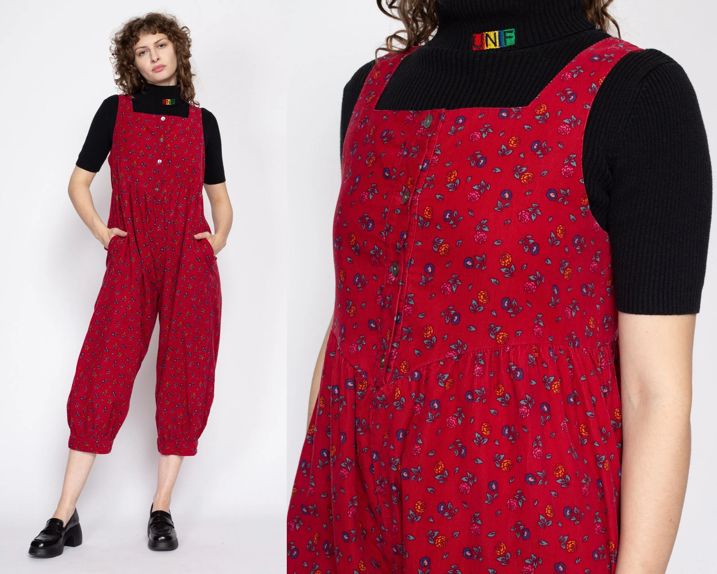 Medium 80s Laura Ashley Red Floral Corduroy Jumpsuit