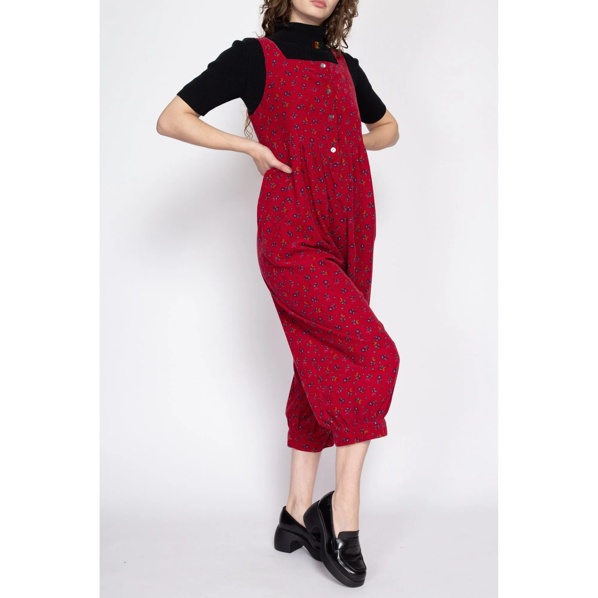 Medium 80s Laura Ashley Red Floral Corduroy Jumpsuit