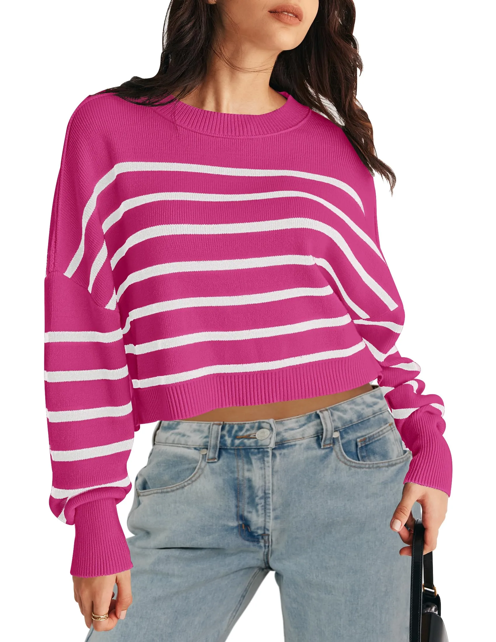 MEROKEETY Long Sleeve Crew Neck Striped Crop Sweater