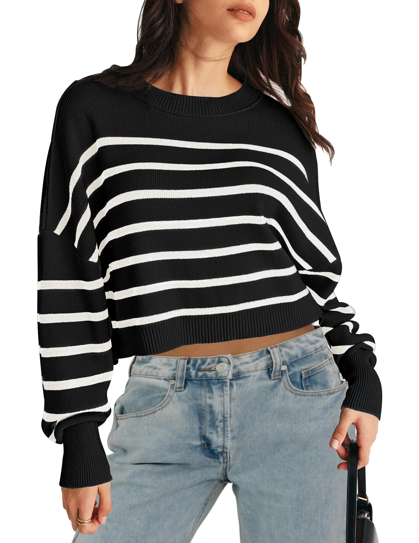 MEROKEETY Long Sleeve Crew Neck Striped Crop Sweater