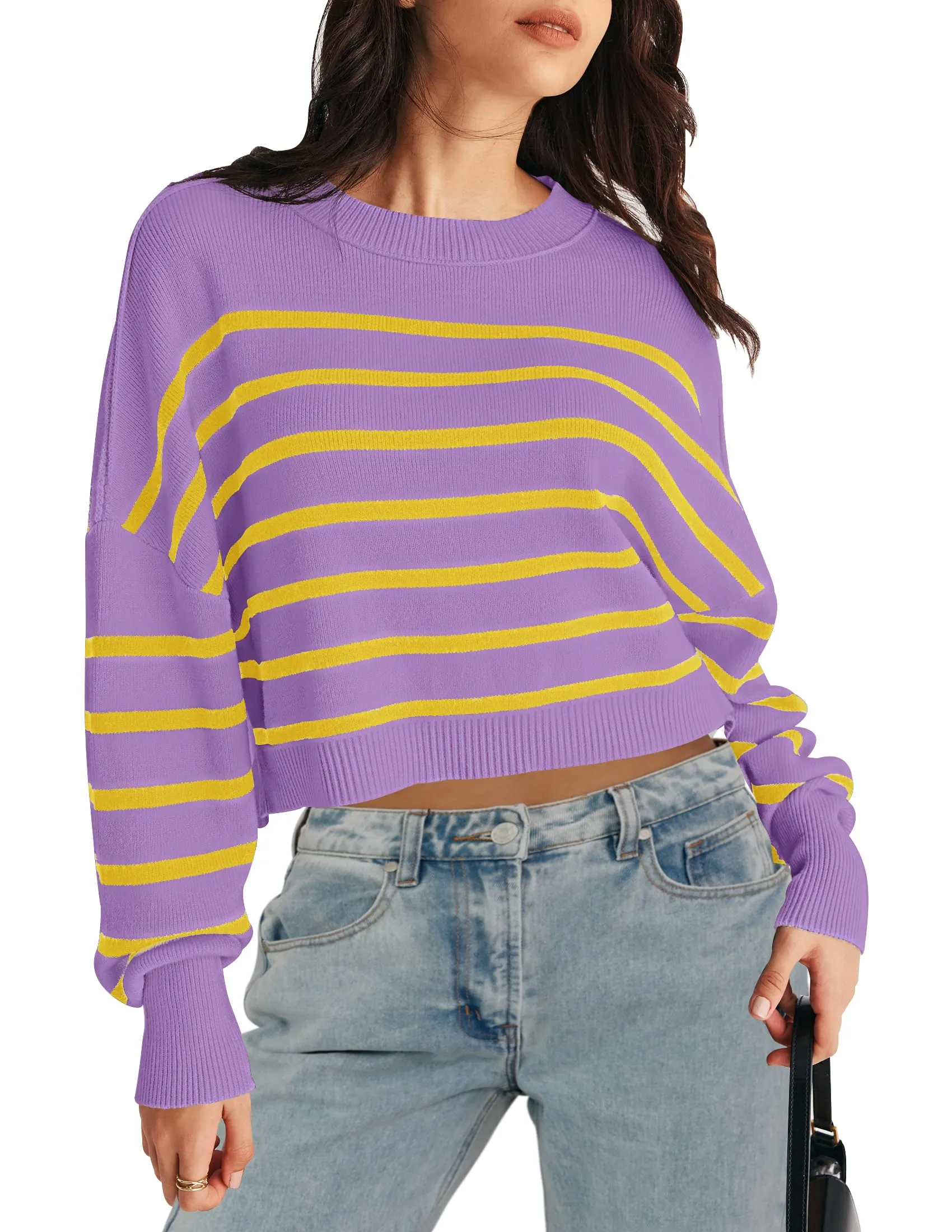 MEROKEETY Long Sleeve Crew Neck Striped Crop Sweater