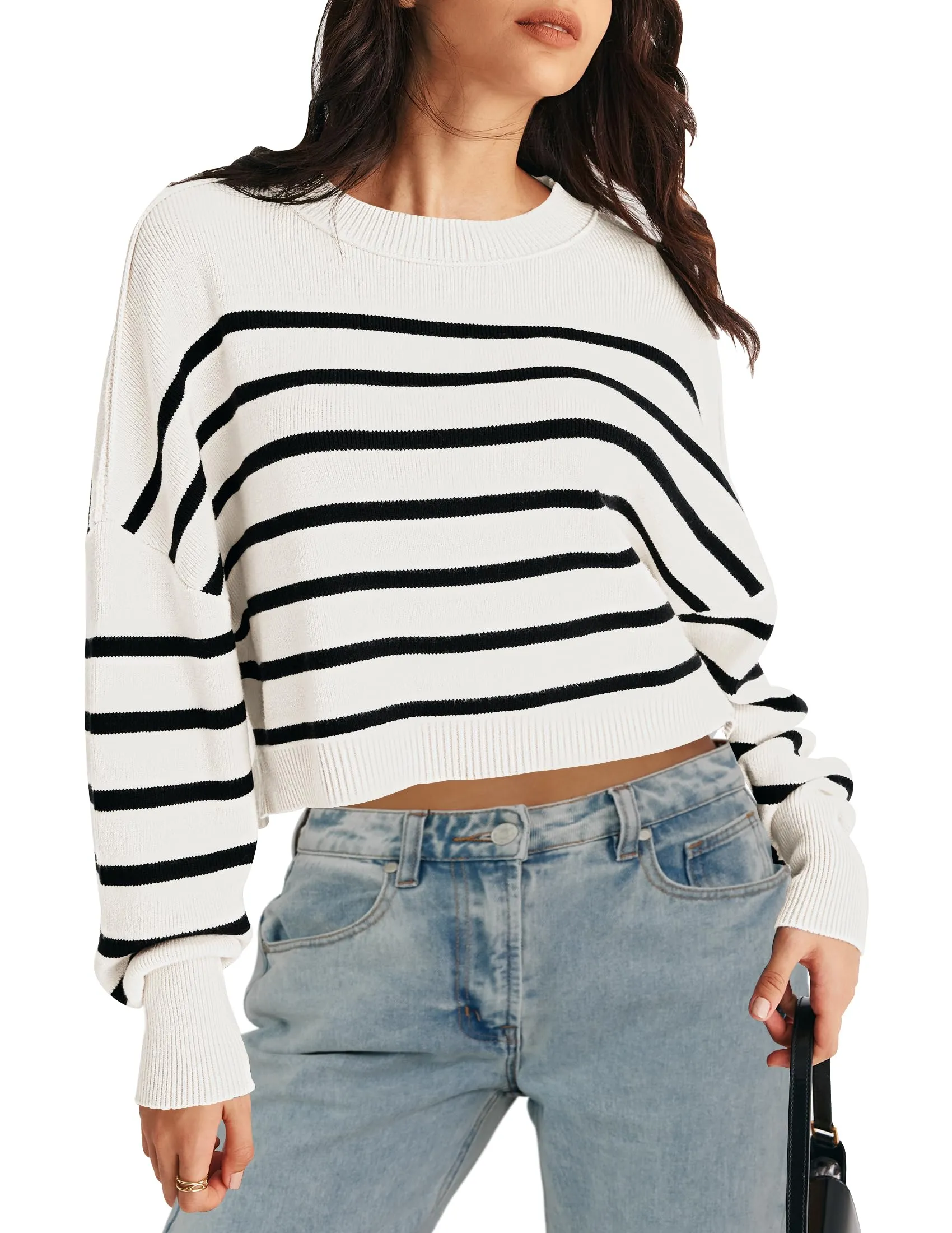 MEROKEETY Long Sleeve Crew Neck Striped Crop Sweater