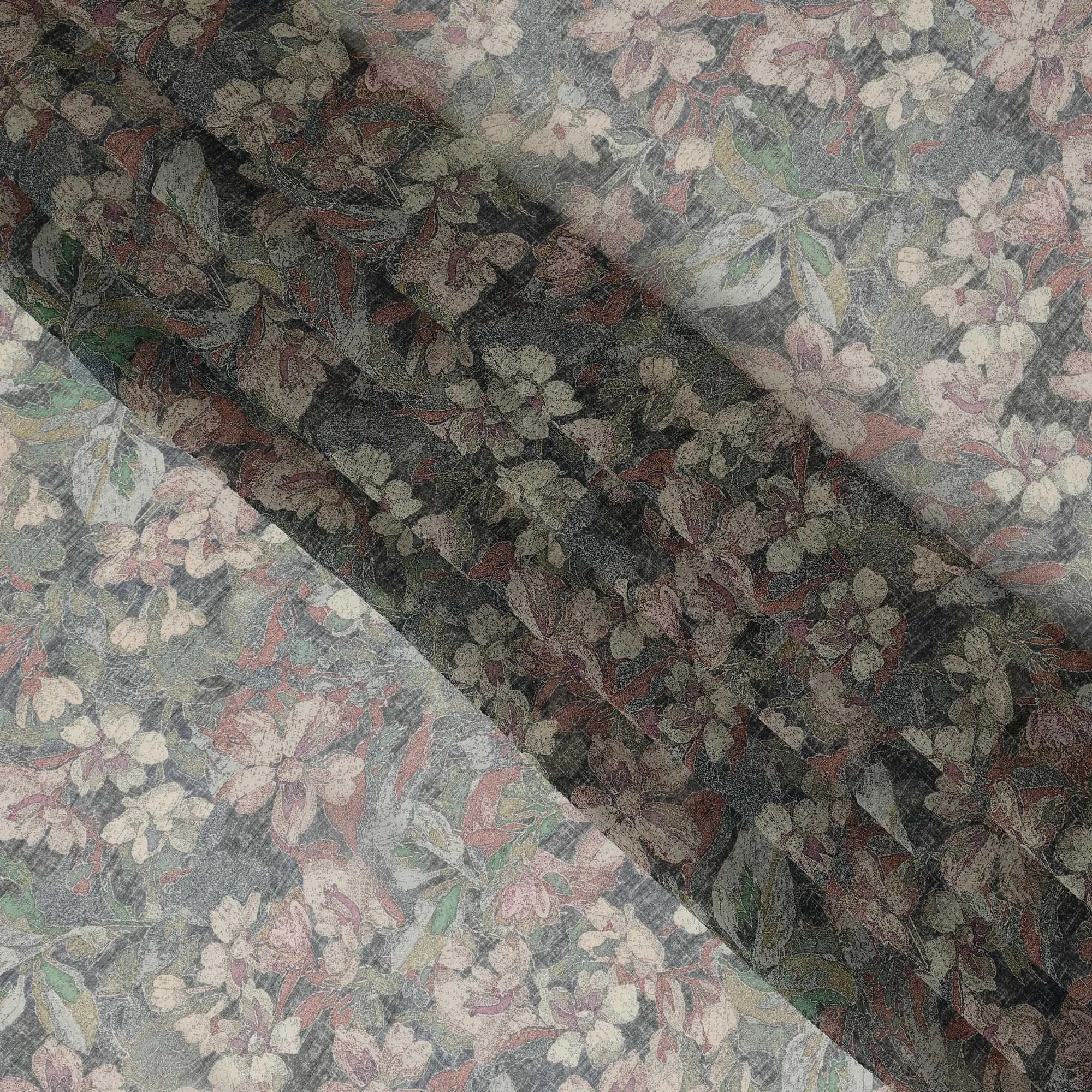 Moss Green Synthetic Crepe Fabric with Vintage Floral Print, 110 cm Width-D20685