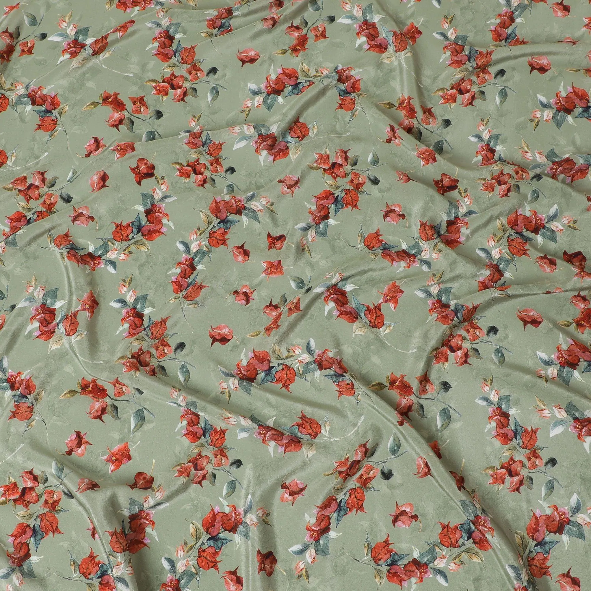 Moss green viscose crepe fabric with multicolor print in floral design-D13816