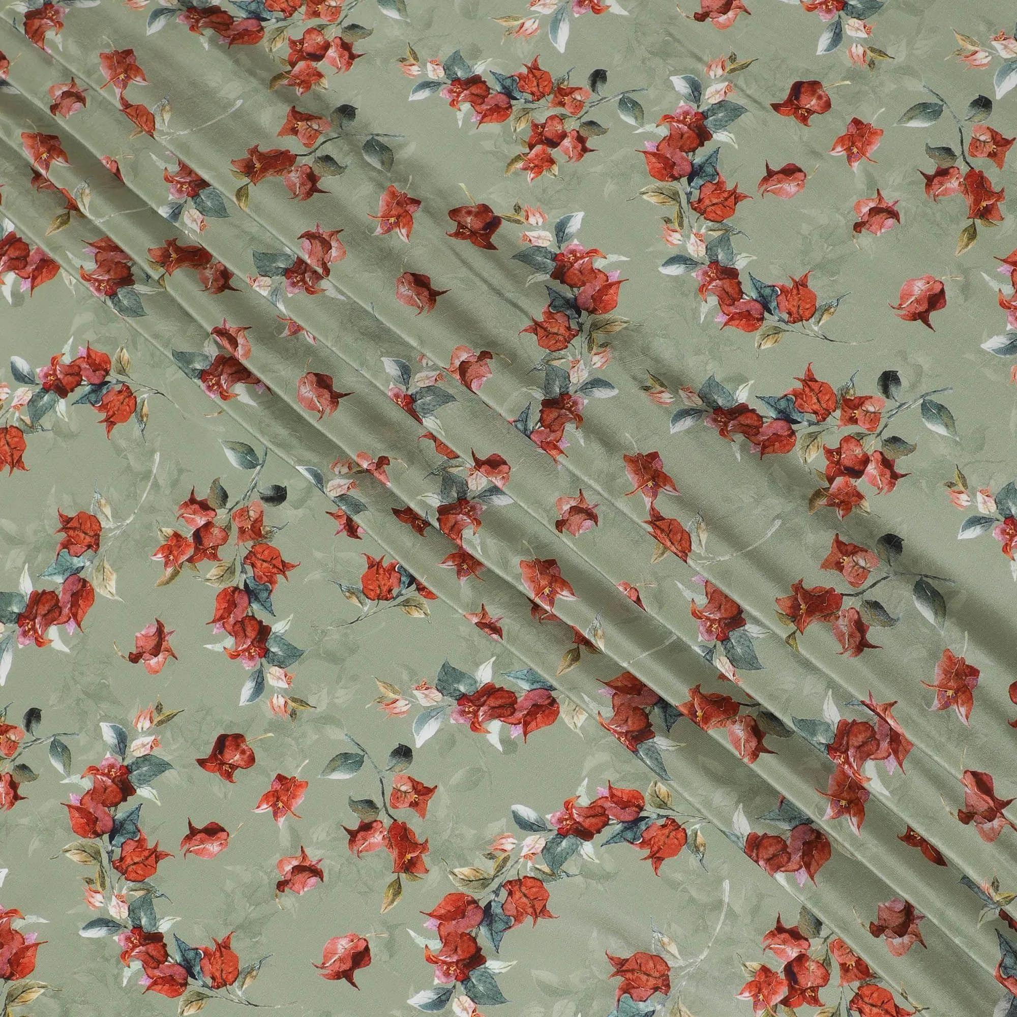 Moss green viscose crepe fabric with multicolor print in floral design-D13816