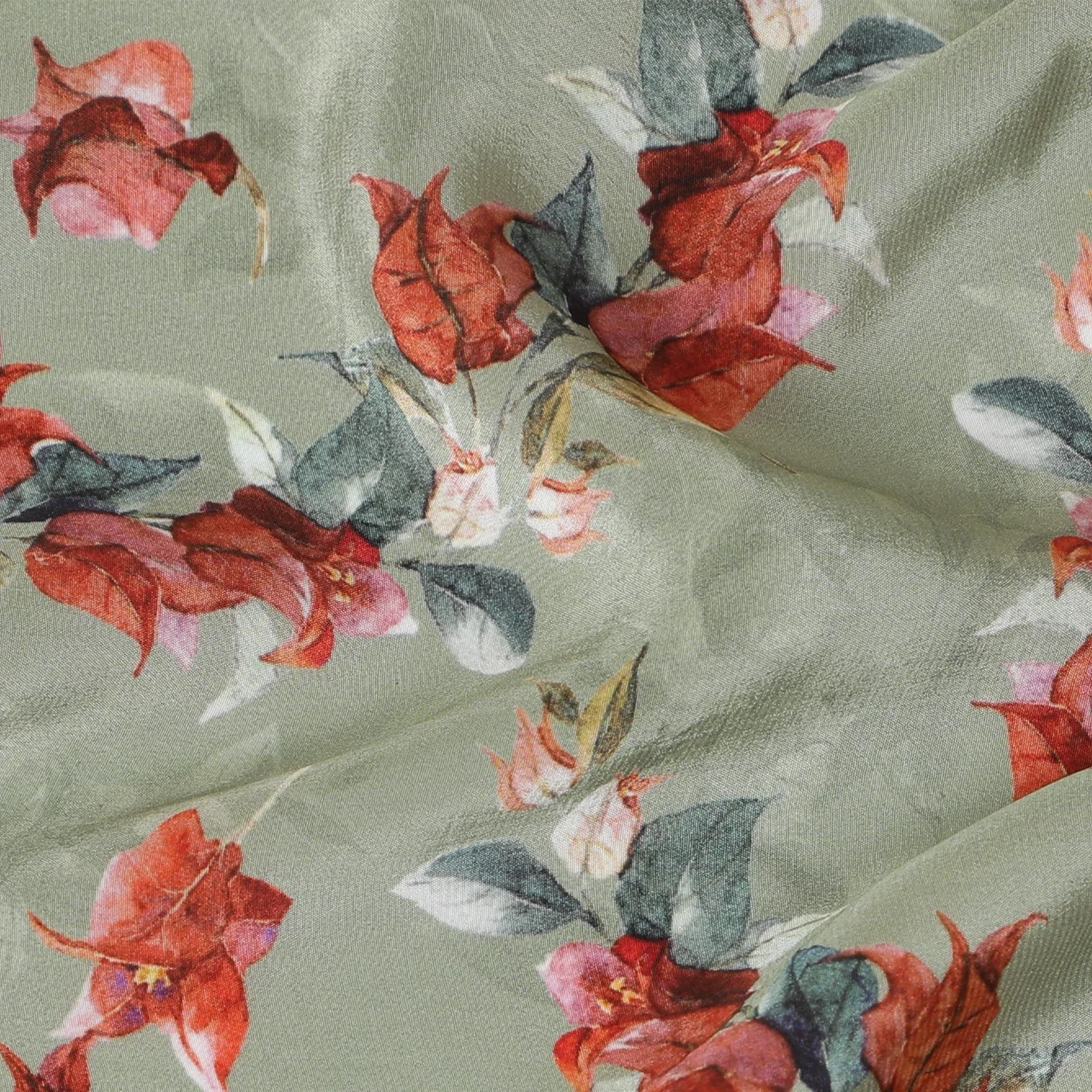 Moss green viscose crepe fabric with multicolor print in floral design-D13816