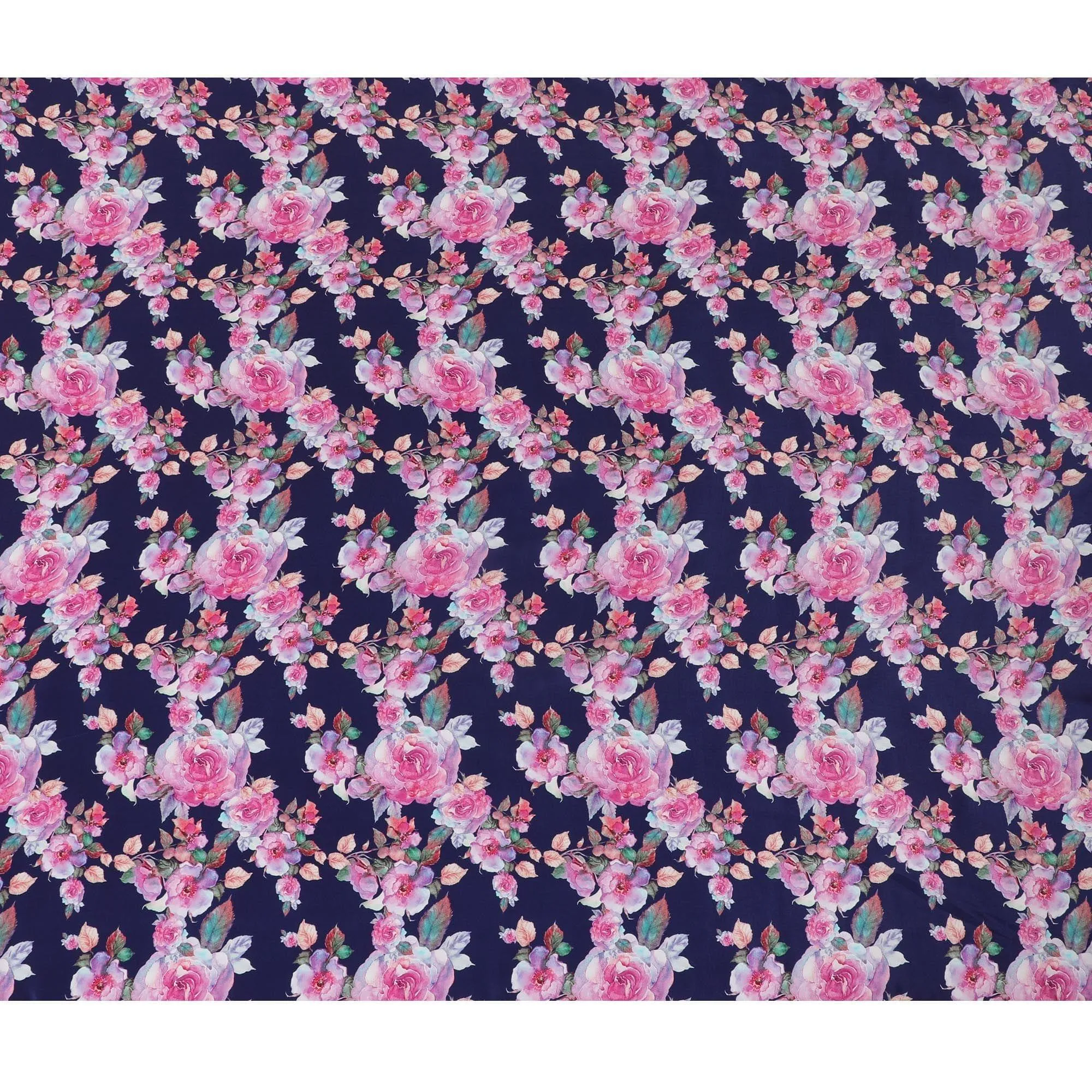 Navy blue synthetic crepe fabric with multicolor print in floral design-D14461
