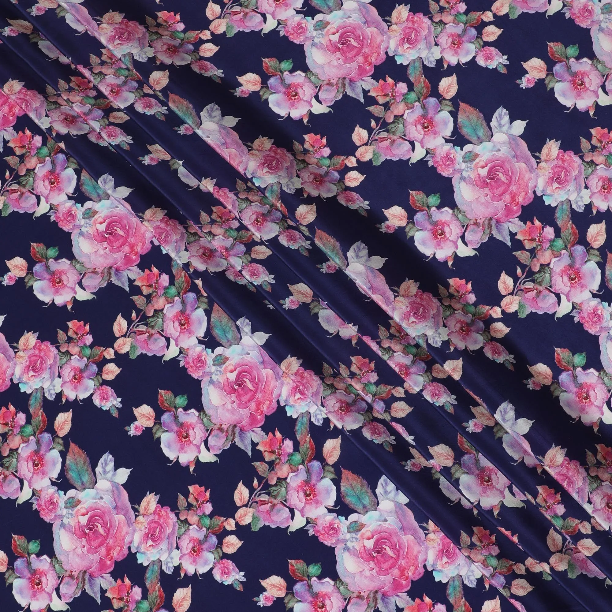Navy blue synthetic crepe fabric with multicolor print in floral design-D14461