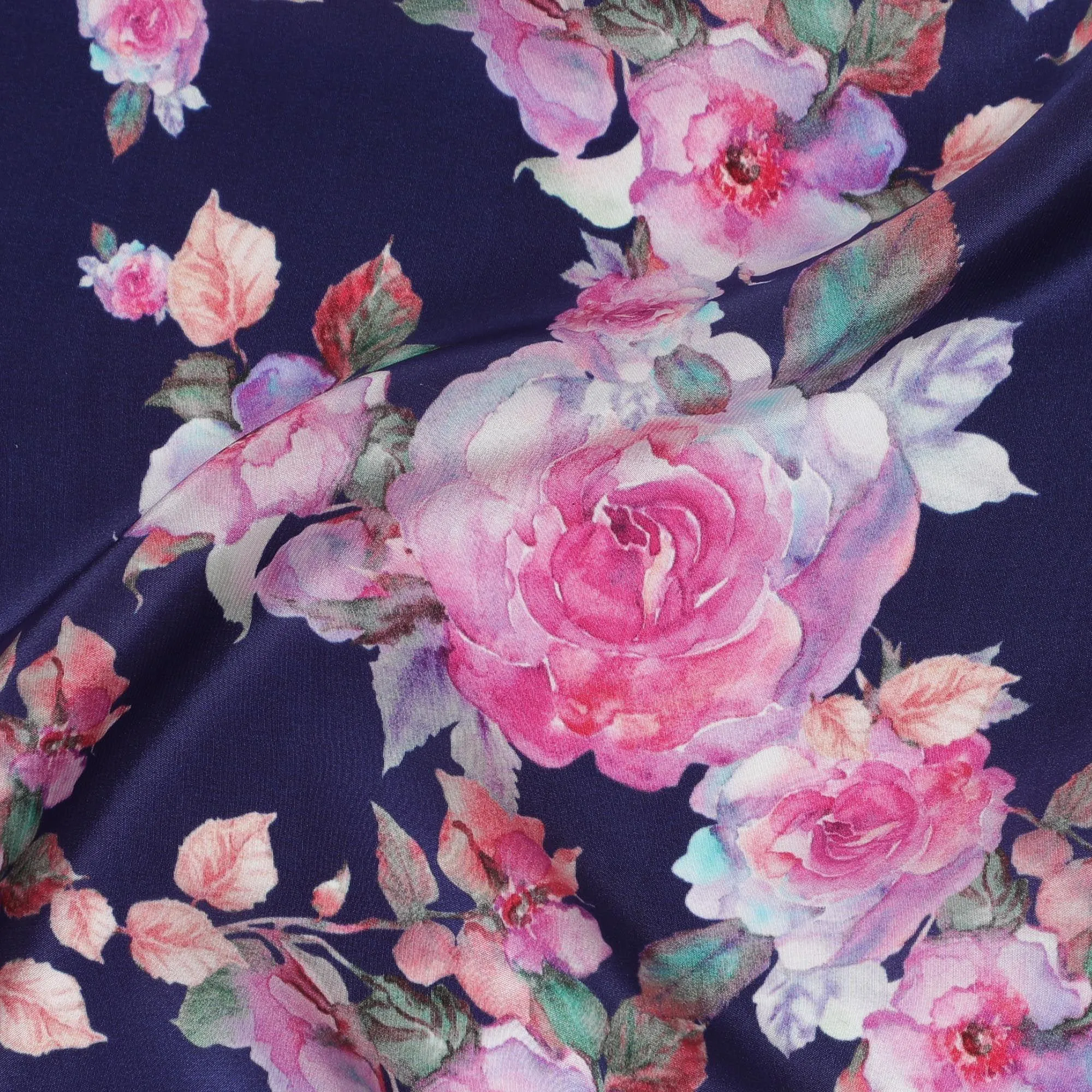 Navy blue synthetic crepe fabric with multicolor print in floral design-D14461