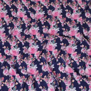 Navy blue synthetic crepe fabric with multicolor print in floral design-D14461