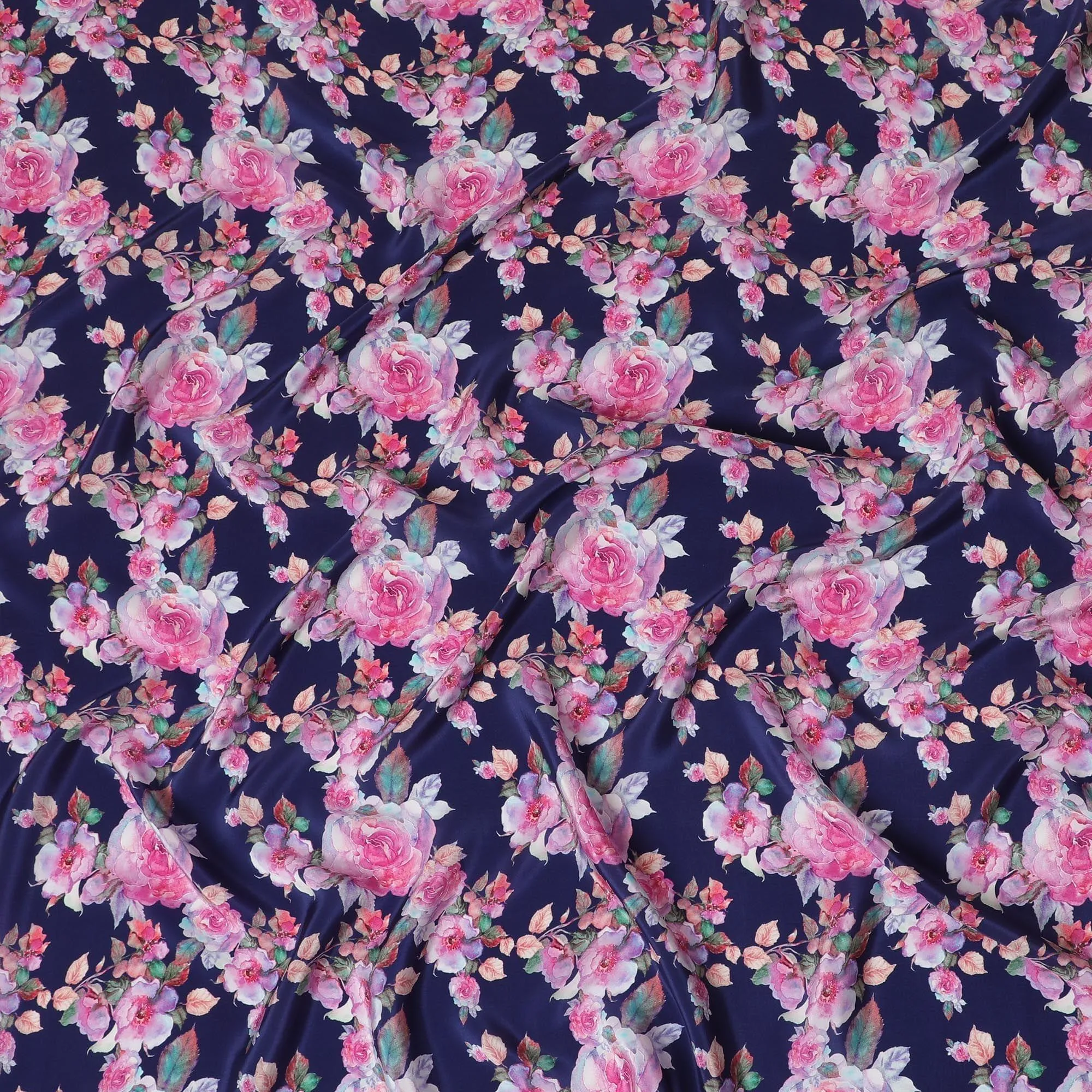 Navy blue synthetic crepe fabric with multicolor print in floral design-D14461