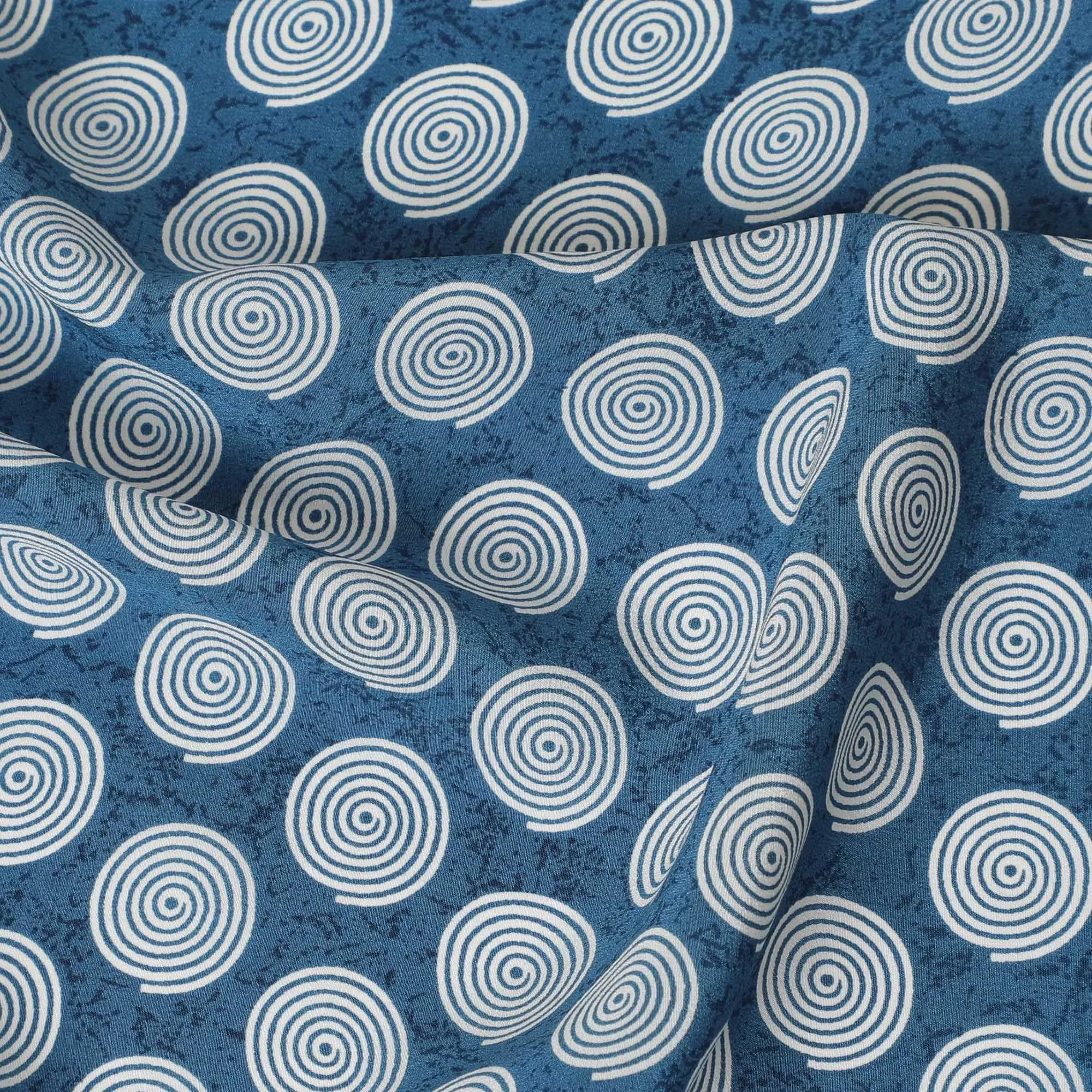 Olympic blue premium pure silk crepe fabric with white print in abstract design-D12077