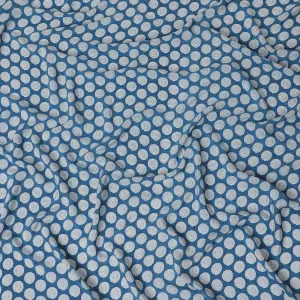 Olympic blue premium pure silk crepe fabric with white print in abstract design-D12077