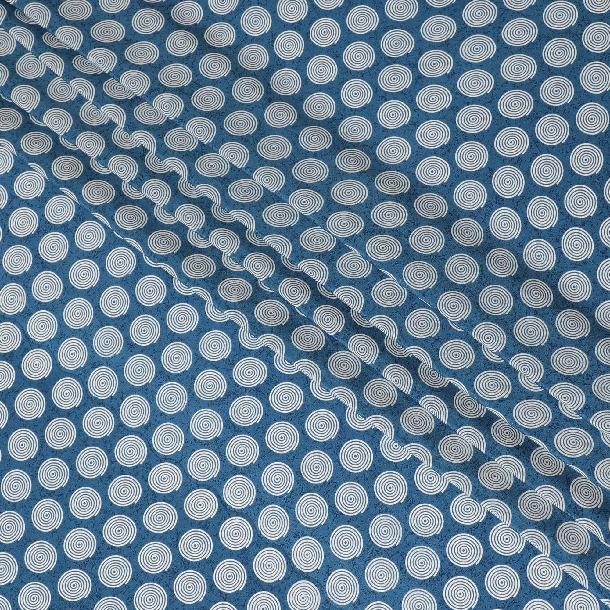 Olympic blue premium pure silk crepe fabric with white print in abstract design-D12077