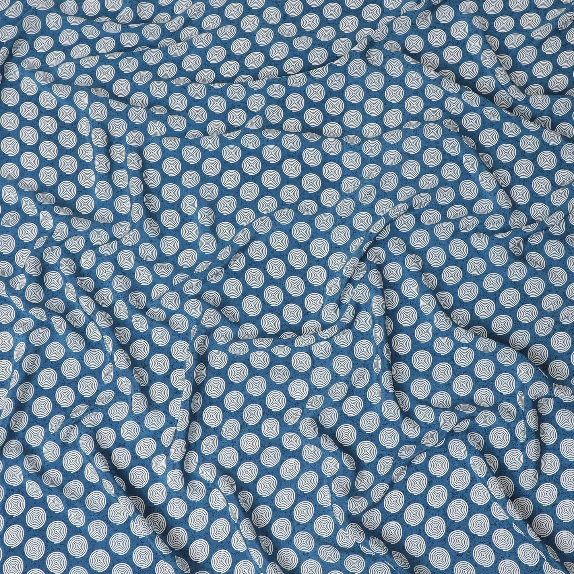 Olympic blue premium pure silk crepe fabric with white print in abstract design-D12077