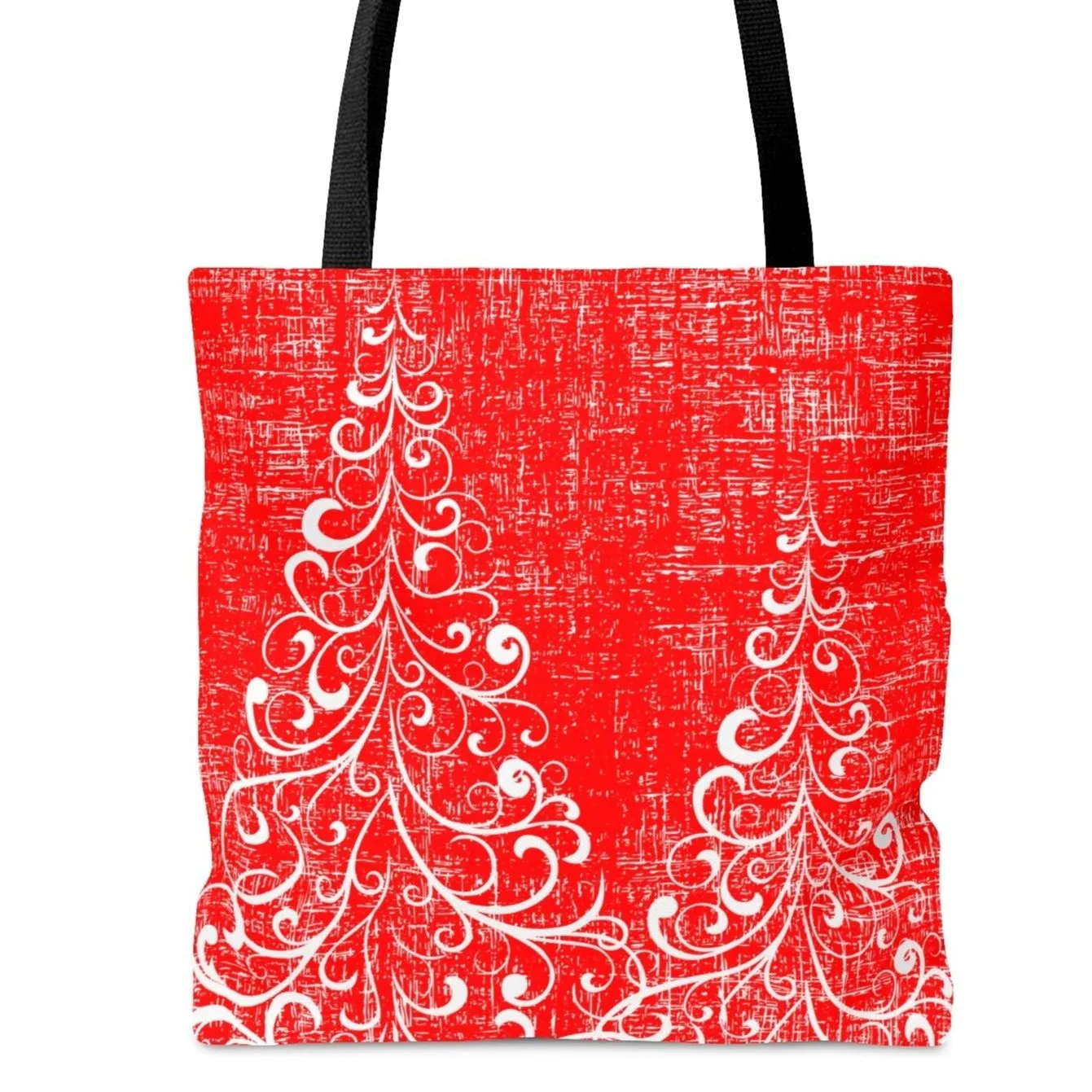 Ornate Christmas Trees Large Tote Bag: Festive Red Holiday Shopping Bag