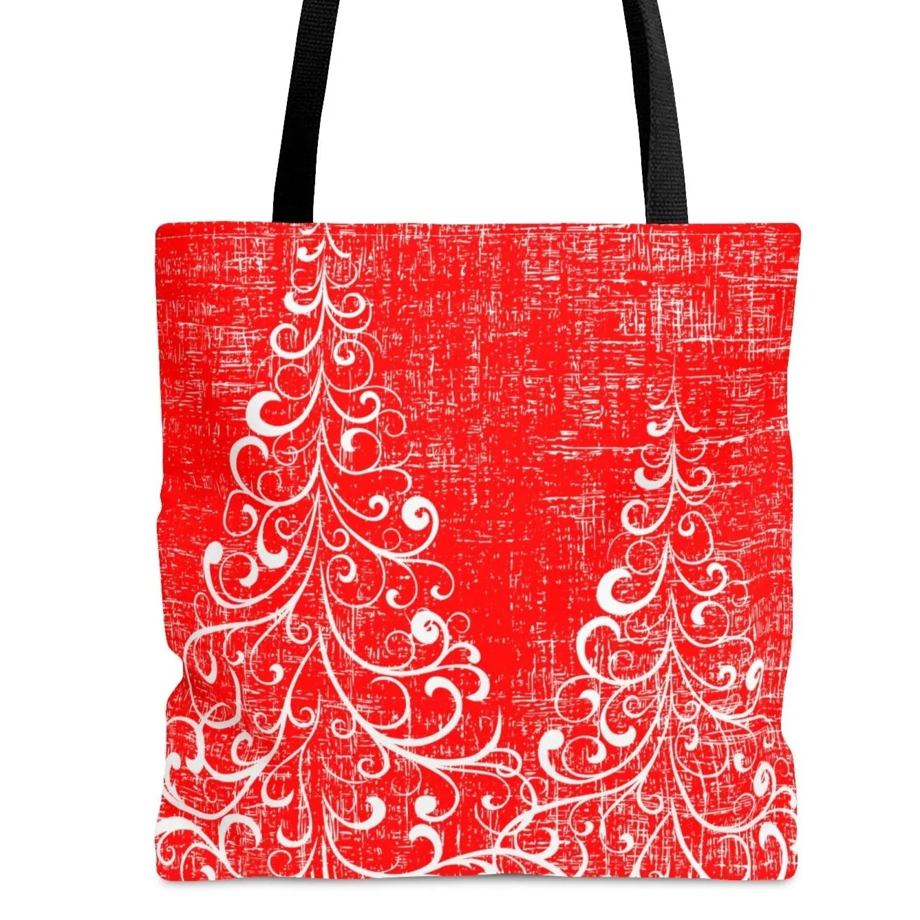 Ornate Christmas Trees Large Tote Bag: Festive Red Holiday Shopping Bag