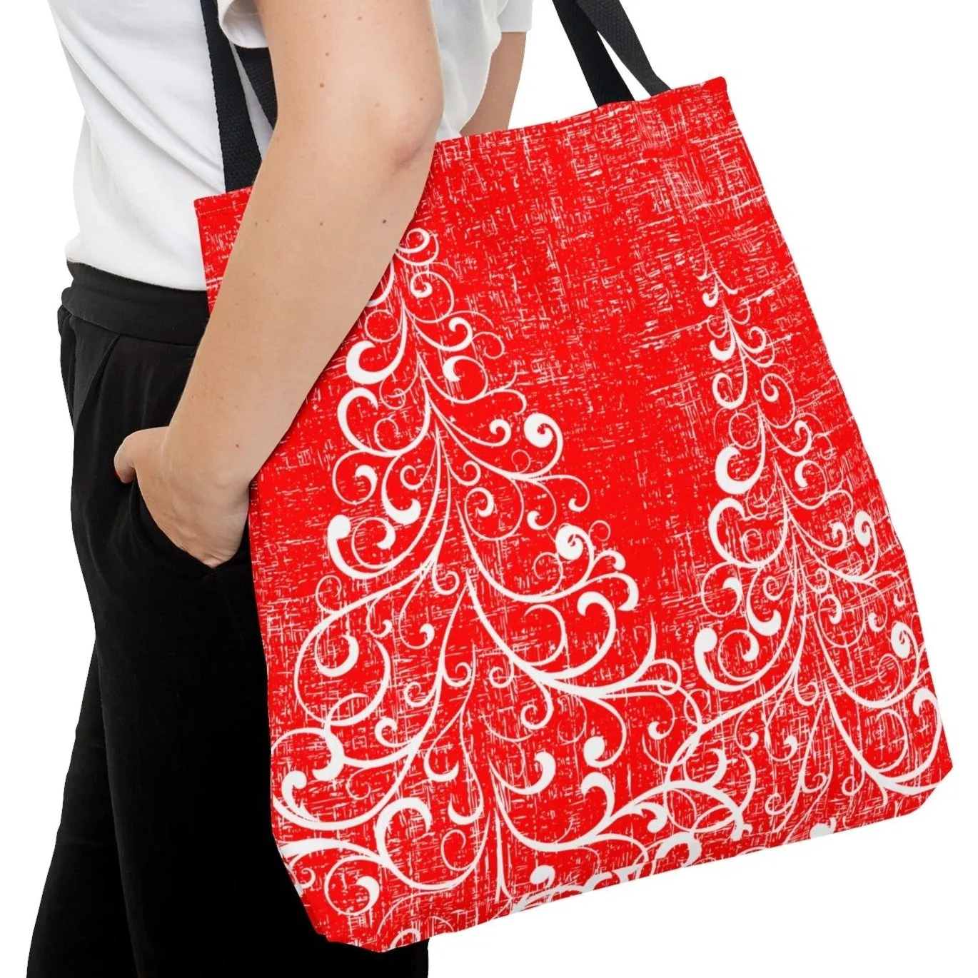 Ornate Christmas Trees Large Tote Bag: Festive Red Holiday Shopping Bag