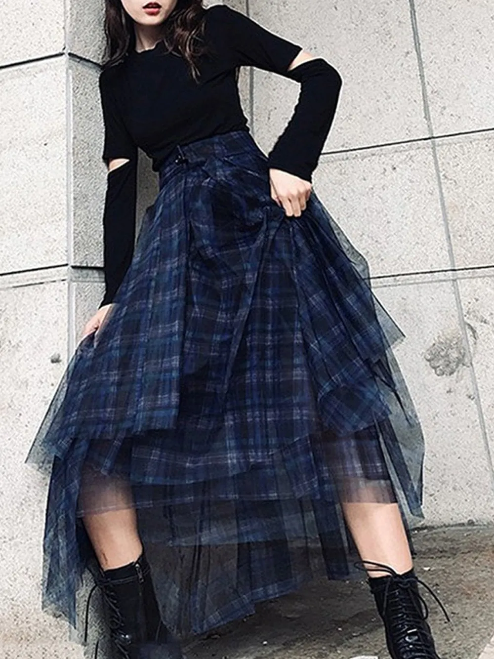 Plaid Tulle Maxi Skirt