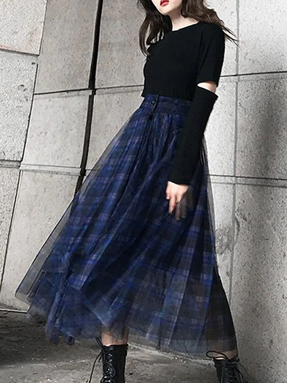 Plaid Tulle Maxi Skirt