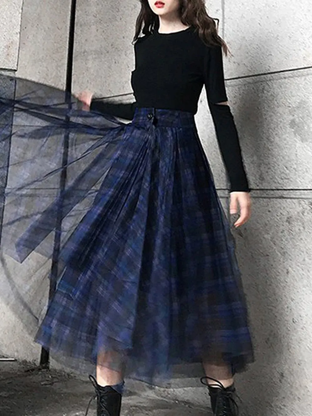 Plaid Tulle Maxi Skirt