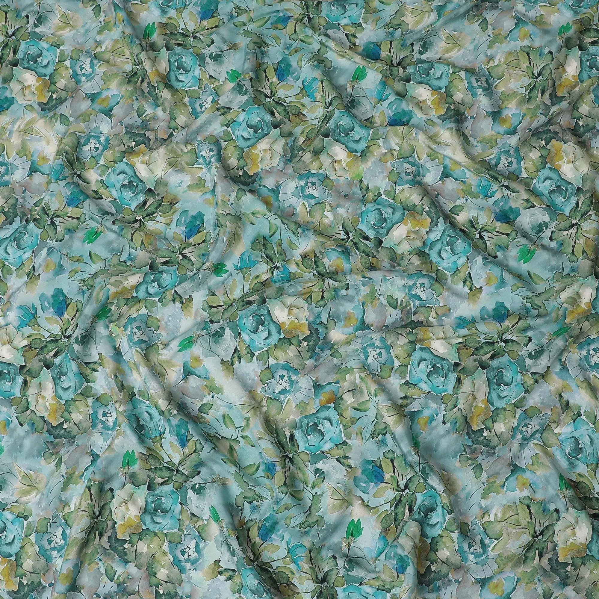 Powder blue viscose crepe fabric with multicolor print in floral design-D15645