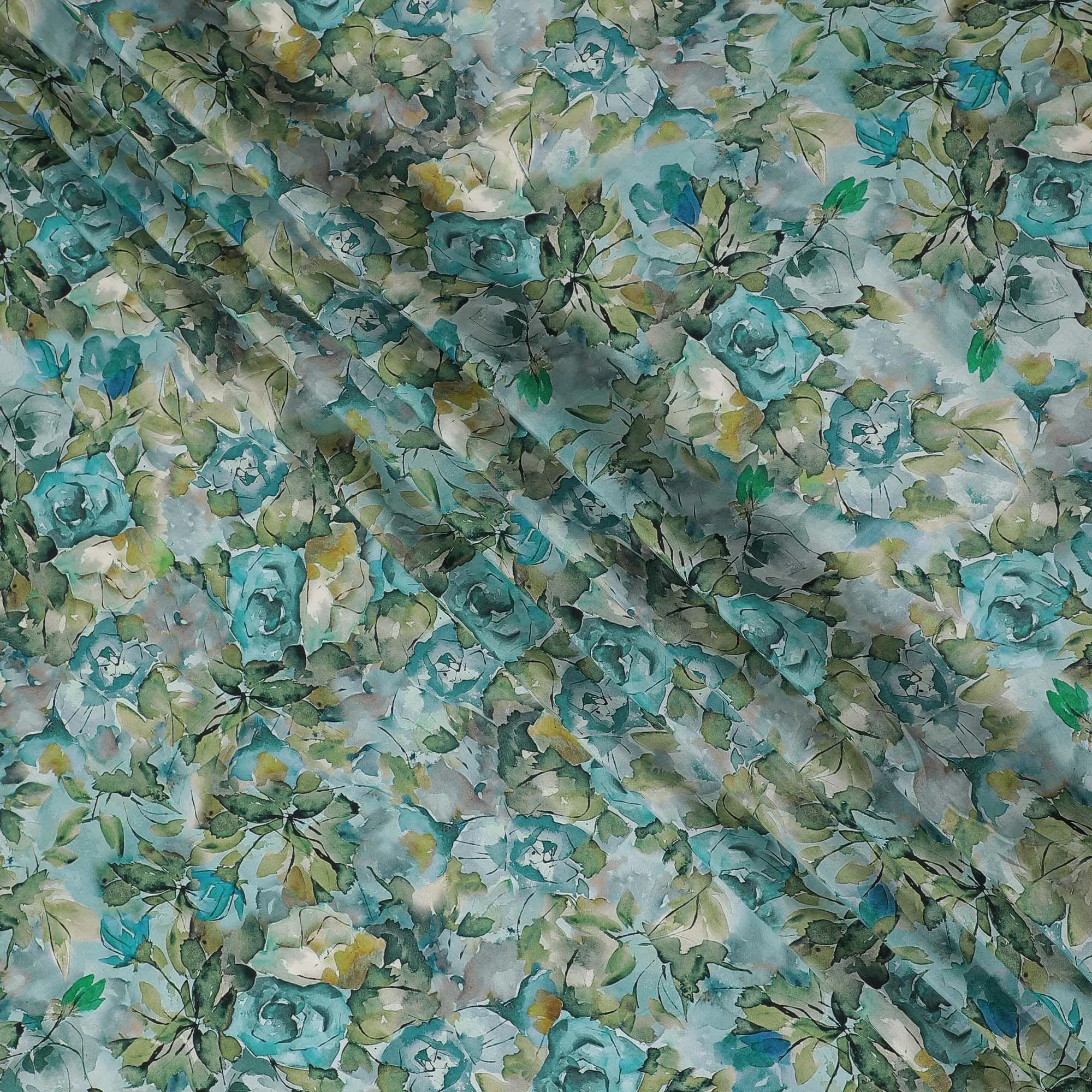 Powder blue viscose crepe fabric with multicolor print in floral design-D15645