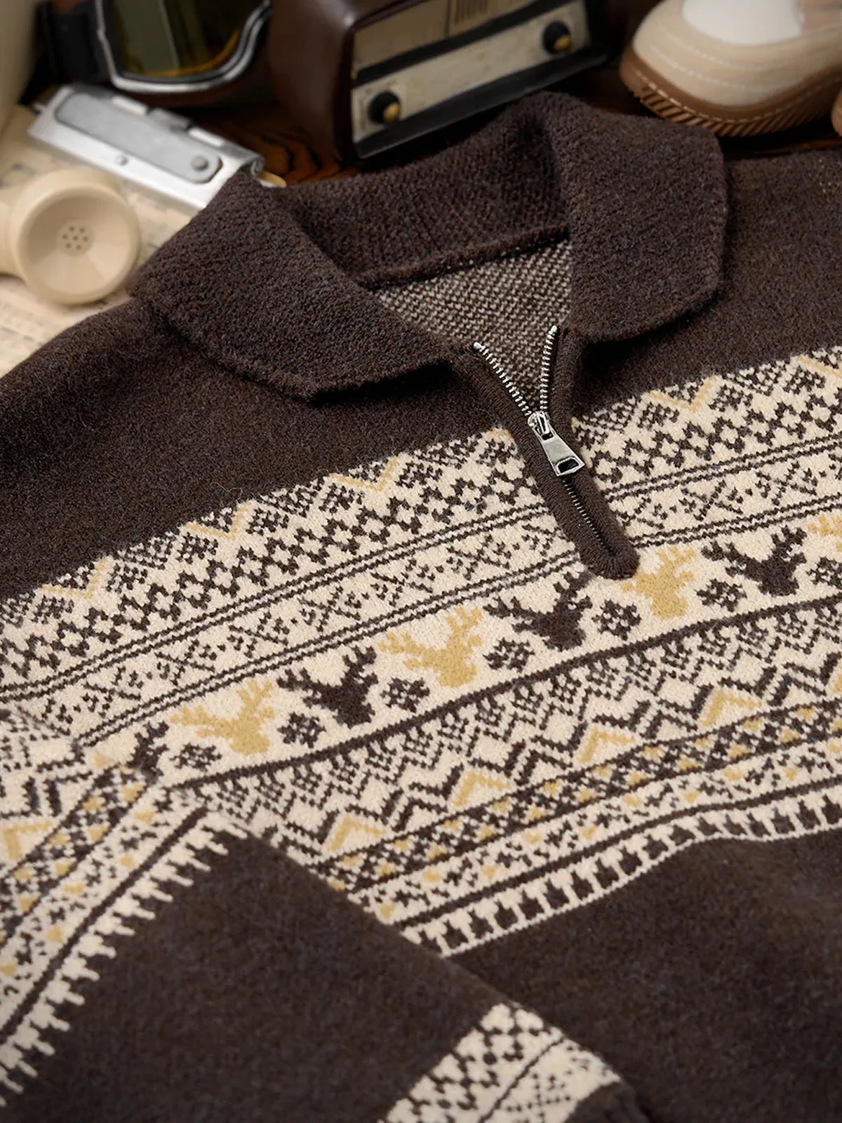 PRE-ORDER Fair Isle Pattern Jacquard Woven Half-Zip Sweater