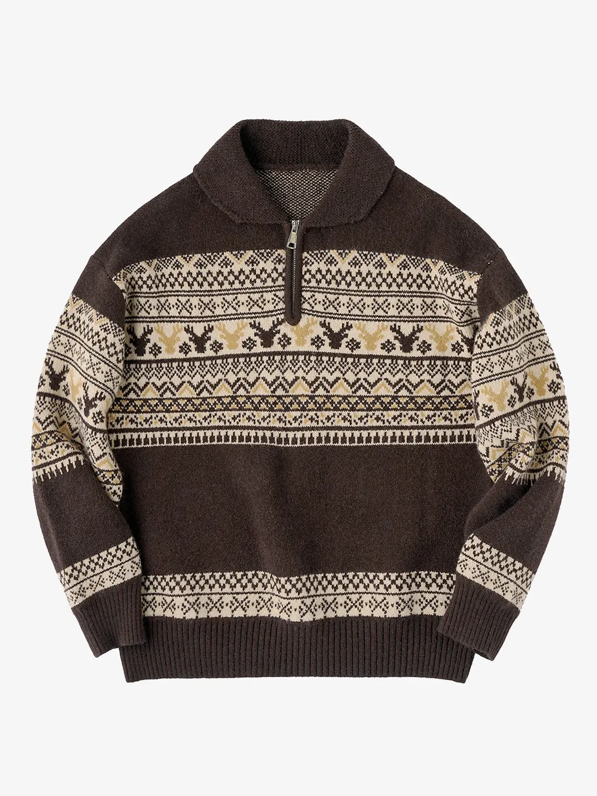 PRE-ORDER Fair Isle Pattern Jacquard Woven Half-Zip Sweater