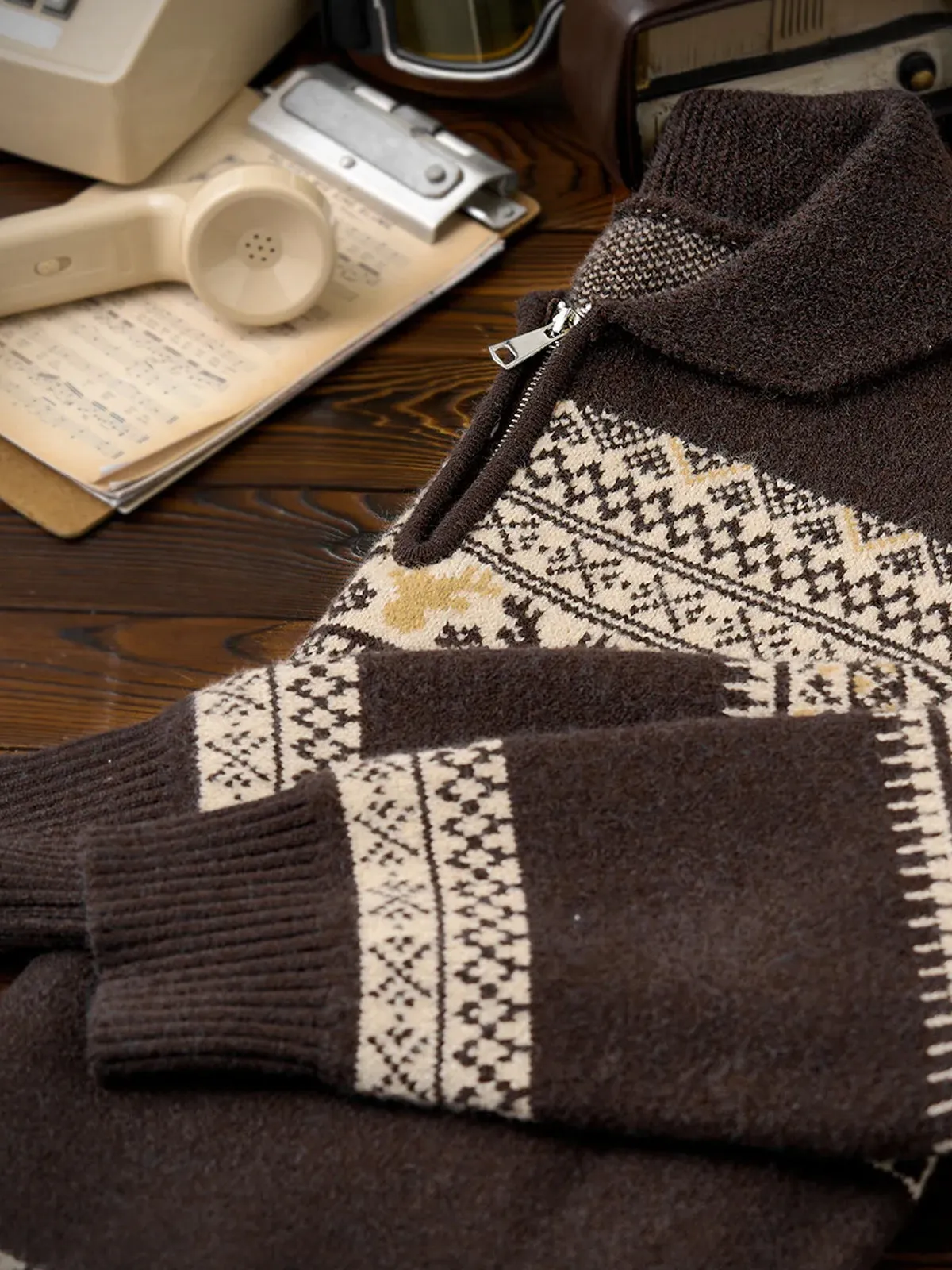 PRE-ORDER Fair Isle Pattern Jacquard Woven Half-Zip Sweater