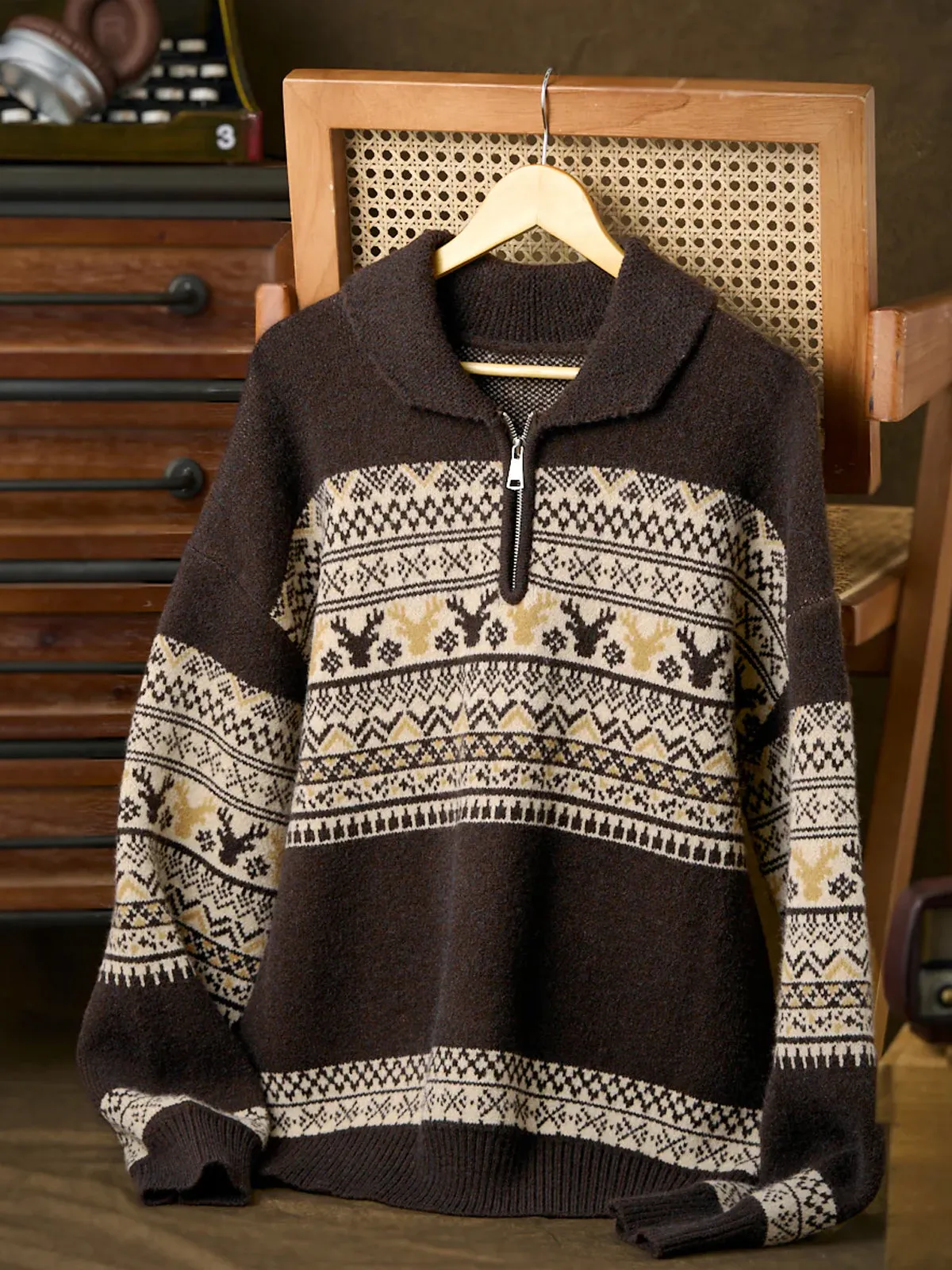 PRE-ORDER Fair Isle Pattern Jacquard Woven Half-Zip Sweater