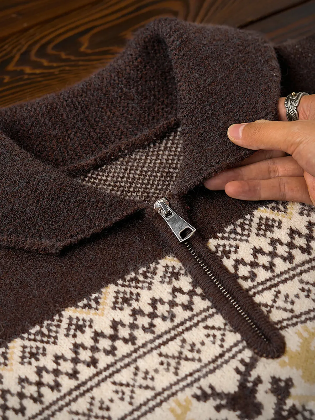 PRE-ORDER Fair Isle Pattern Jacquard Woven Half-Zip Sweater