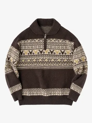 PRE-ORDER Fair Isle Pattern Jacquard Woven Half-Zip Sweater
