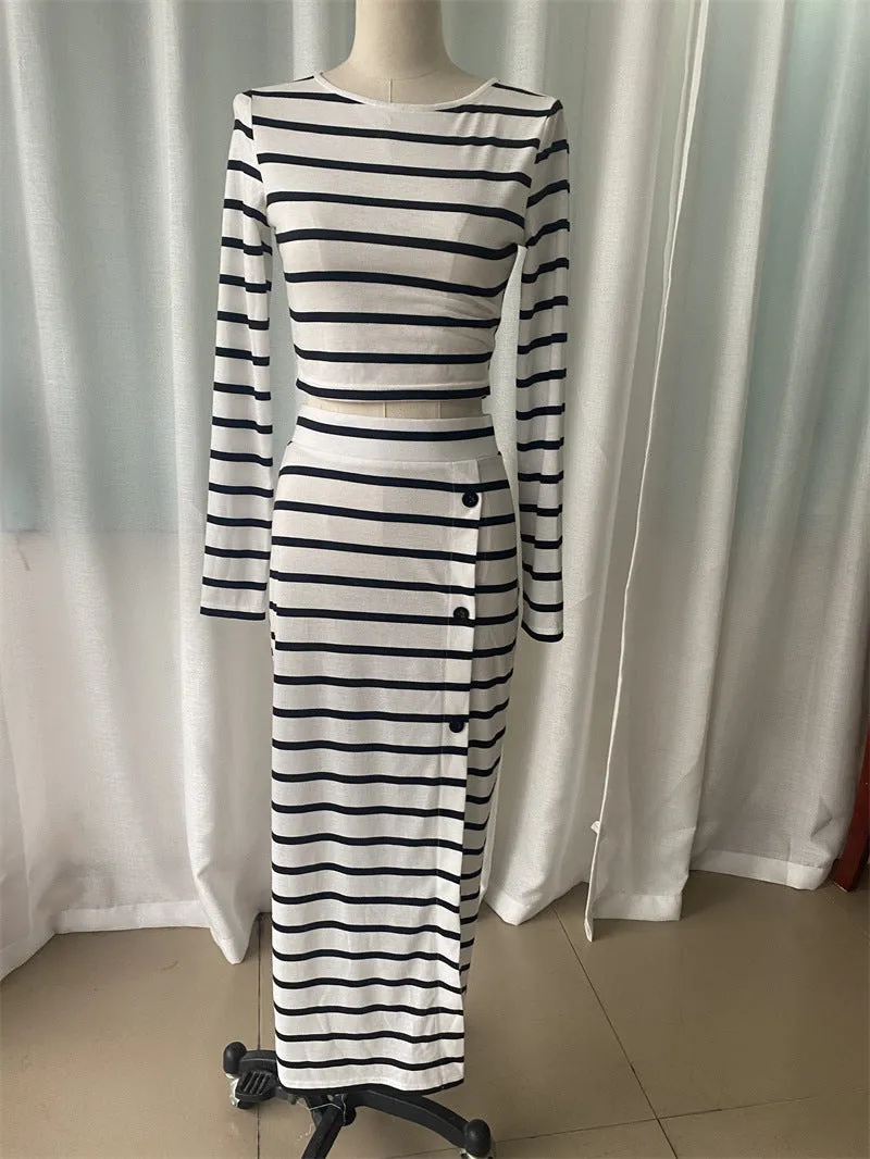 Pre Order:  Striped Long Sleeved Cropped Top   Button Up Skirt