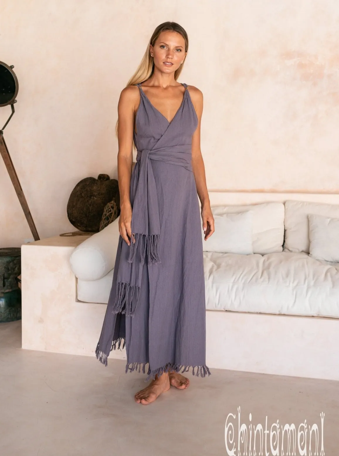 Raw Cotton Sleeveless Wrap Dress / Purple