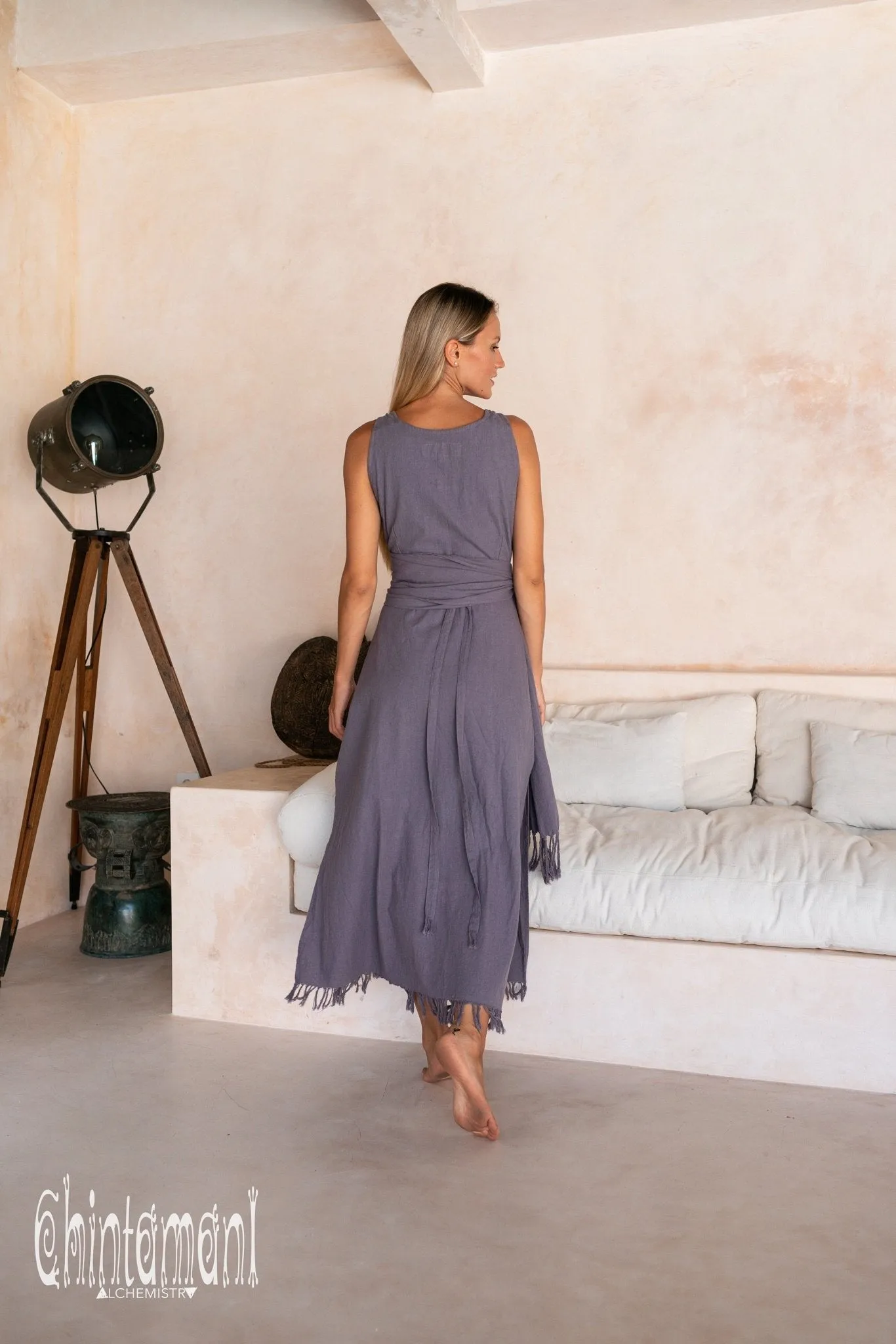Raw Cotton Sleeveless Wrap Dress / Purple