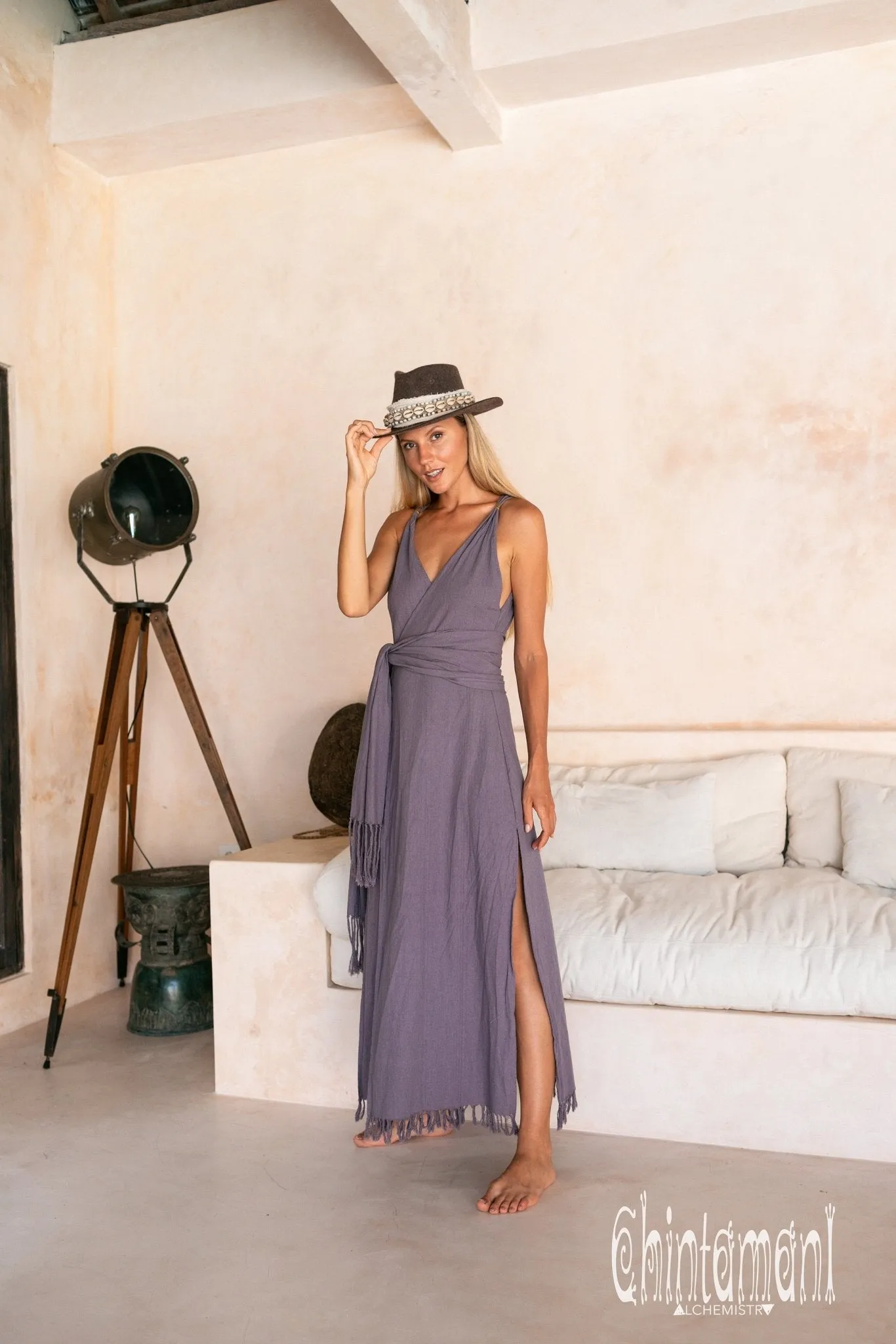 Raw Cotton Sleeveless Wrap Dress / Purple