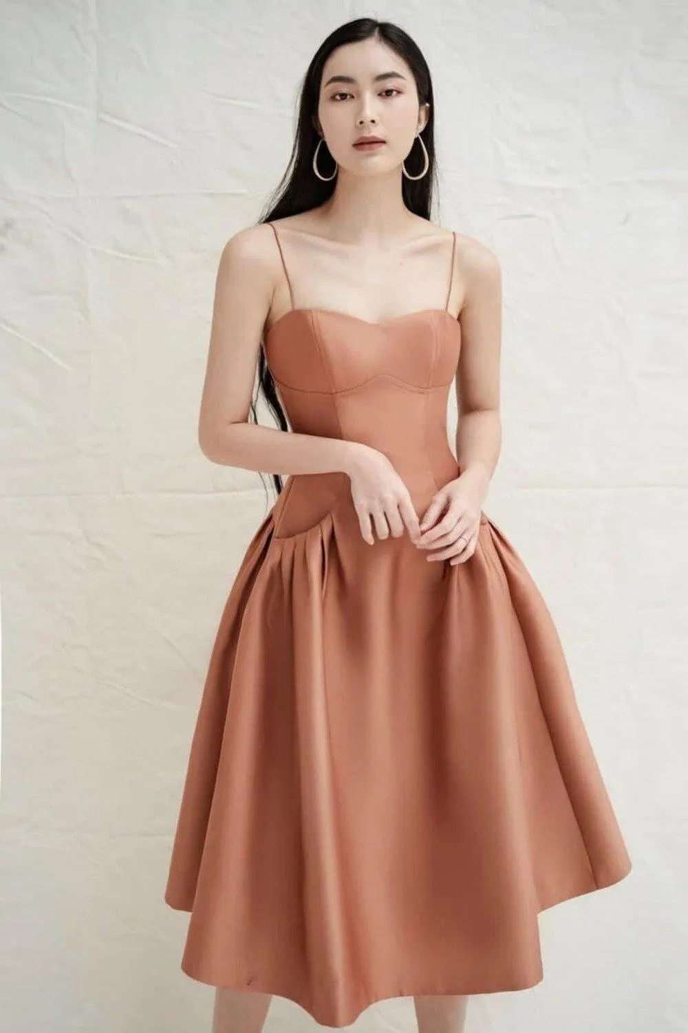 Spaghetti strap  pleated  skirt ocktail midi dress -Luisa
