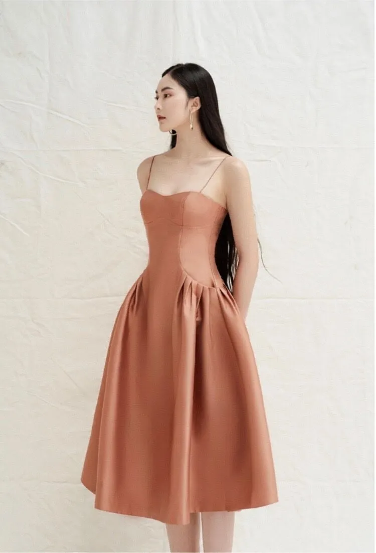 Spaghetti strap  pleated  skirt ocktail midi dress -Luisa