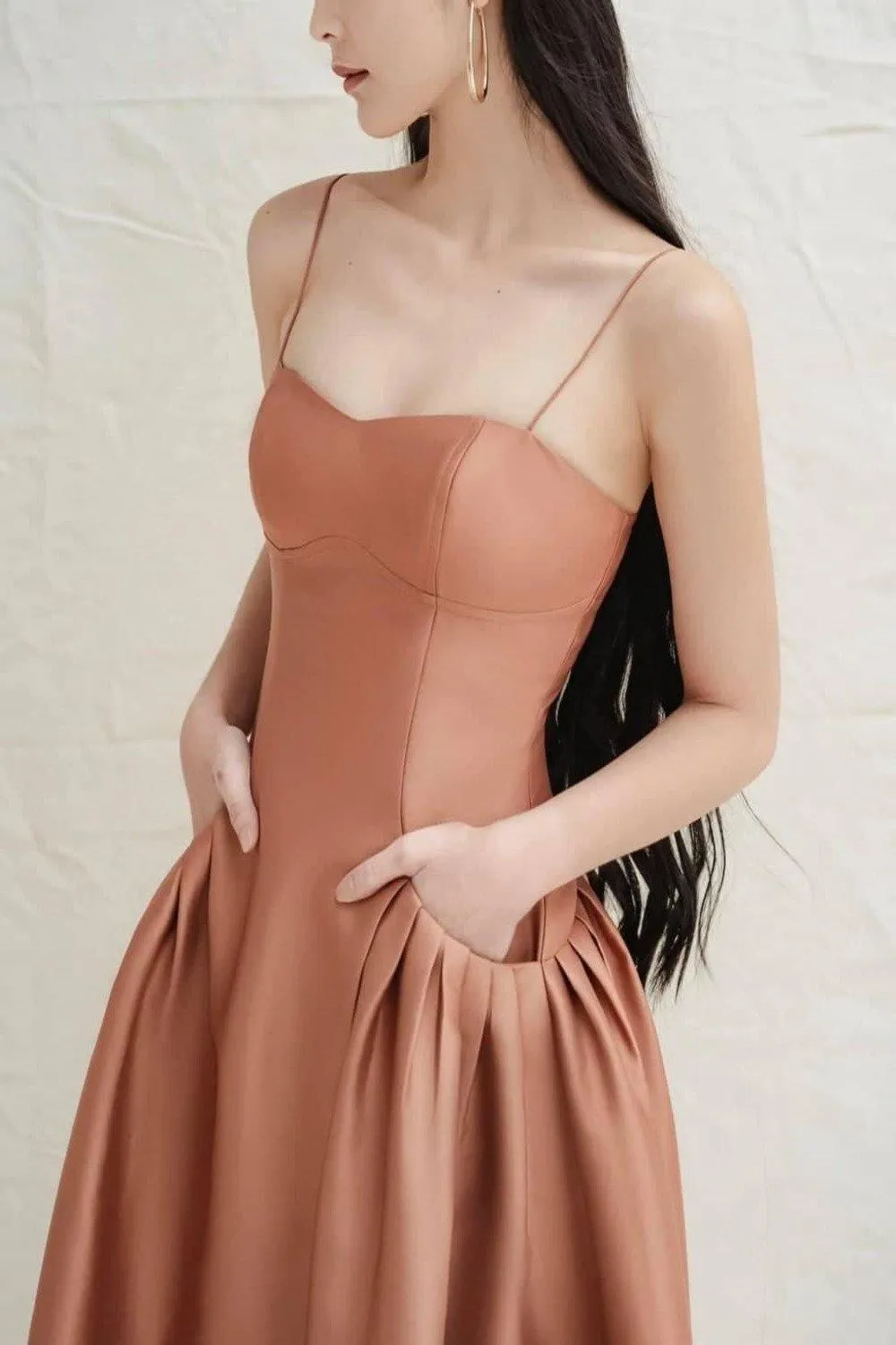 Spaghetti strap  pleated  skirt ocktail midi dress -Luisa